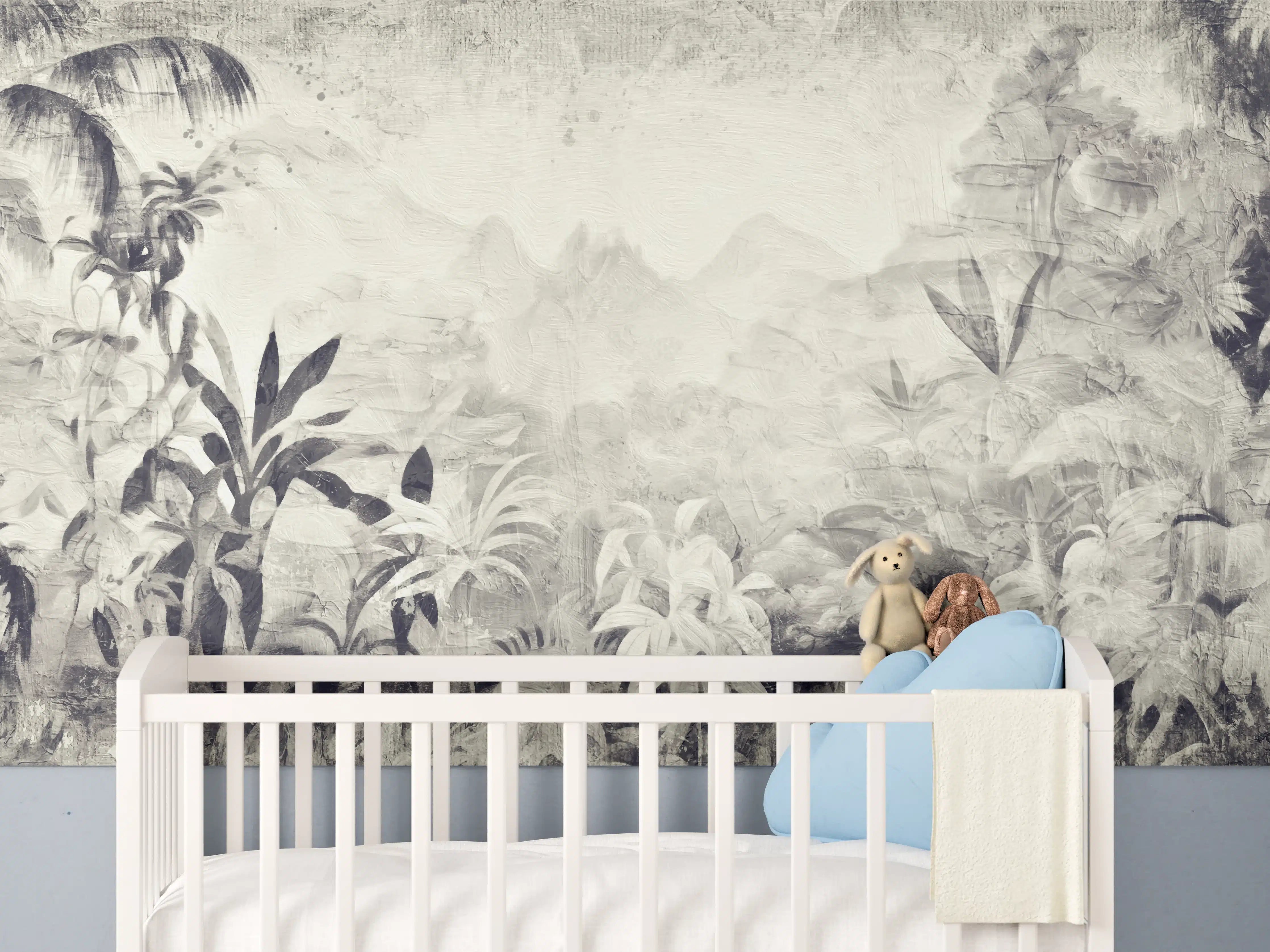 Babyzimmer Wandgestaltung - Tropisches Dschungelpanorama in Grauweiß