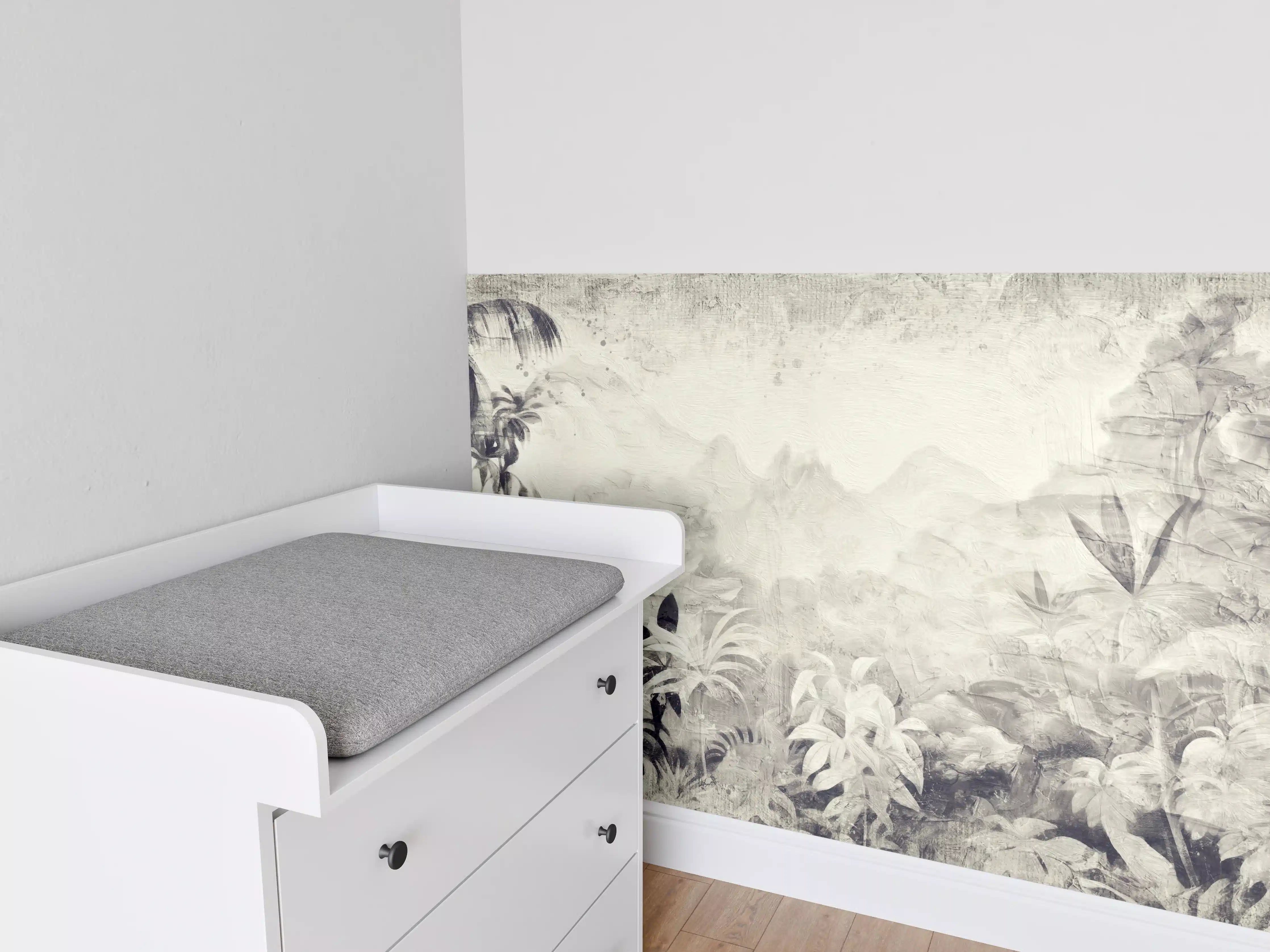 Babyzimmer Wandgestaltung - Tropisches Dschungelpanorama in Grauweiß