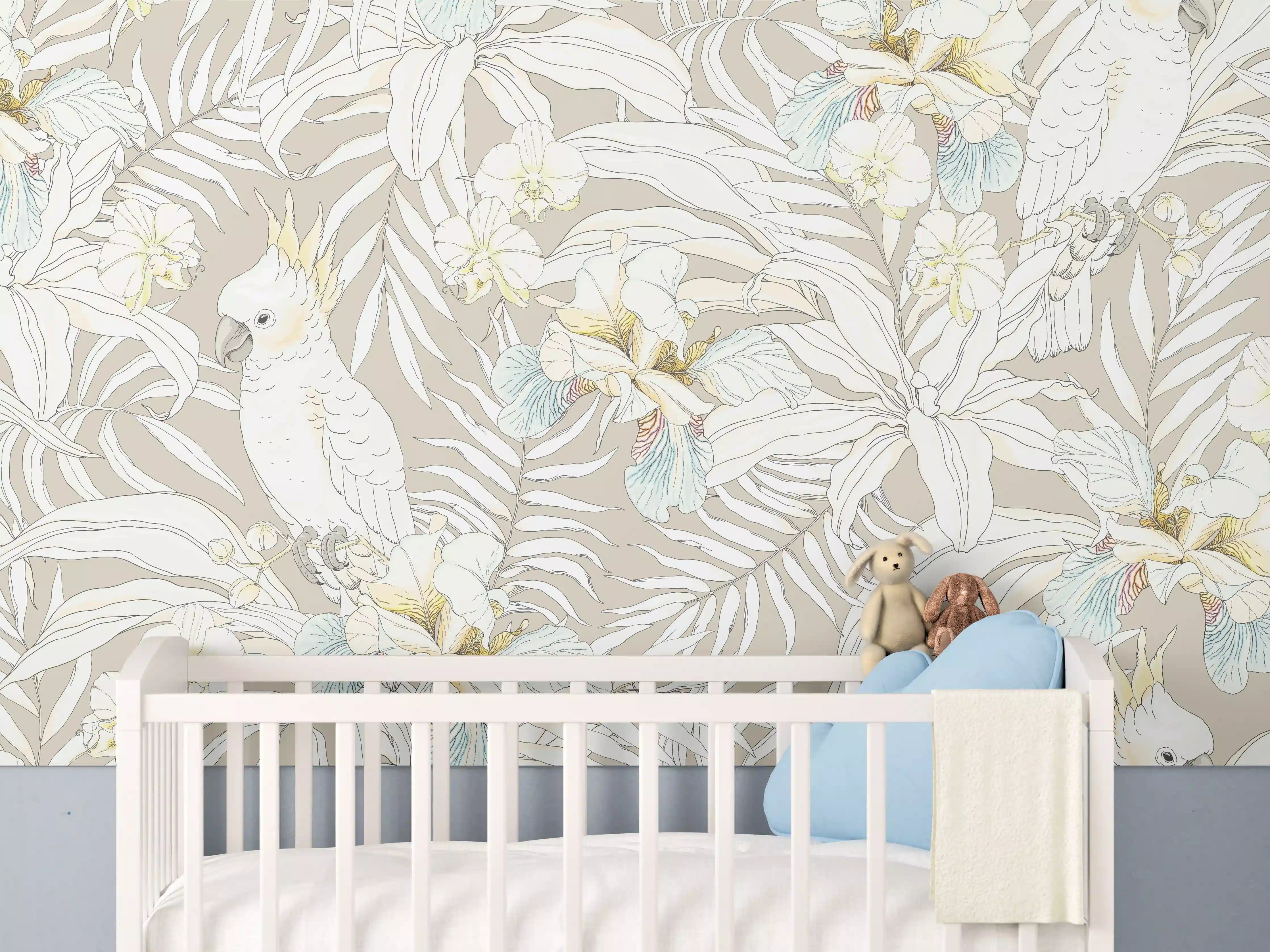 Babyzimmer Wandgestaltung - Tropisches Kakadu-Floral Muster