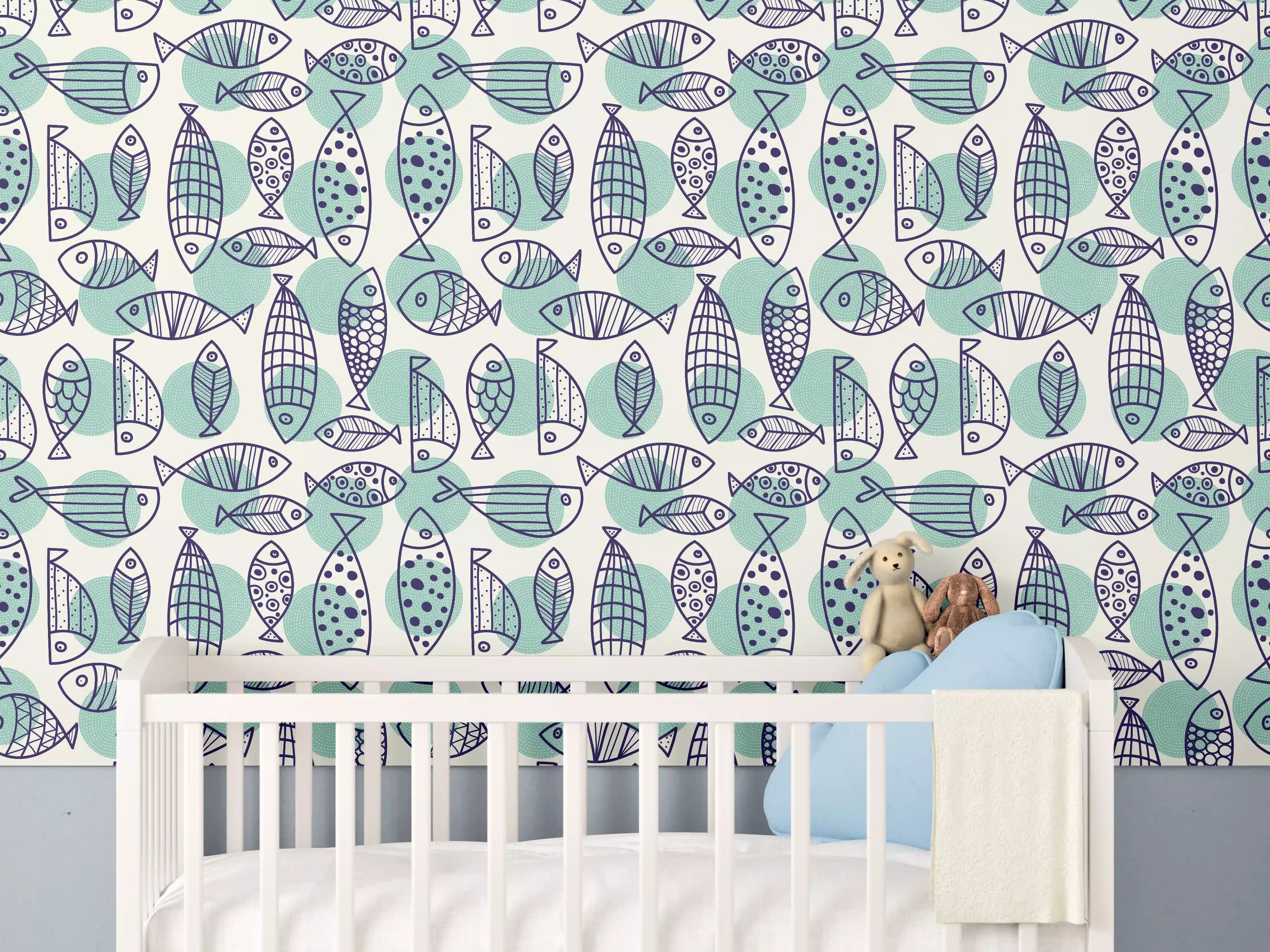 Babyzimmer Wandgestaltung - Türkis-Blau Fischmuster