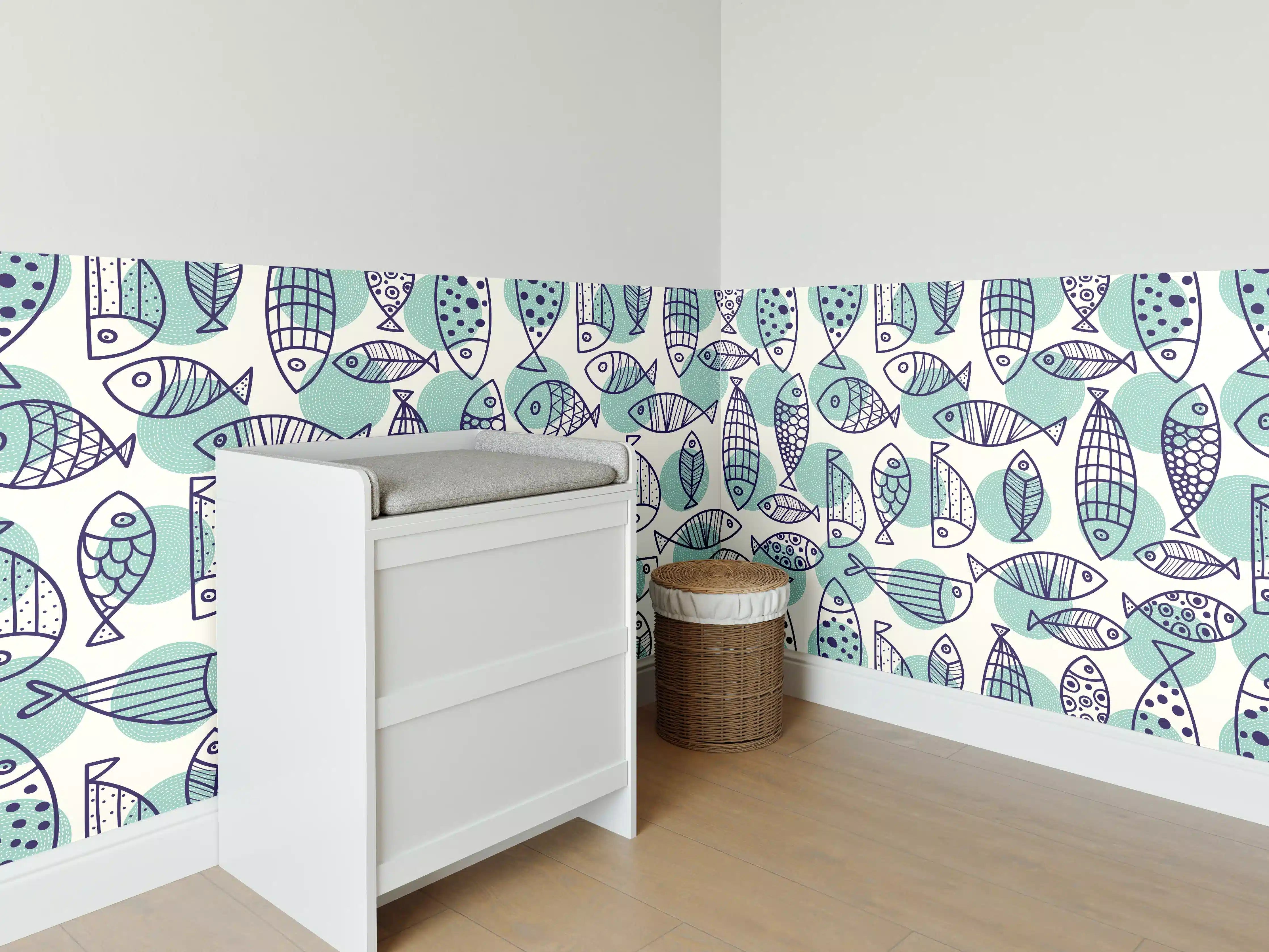 Babyzimmer Wandgestaltung - Türkis-Blau Fischmuster