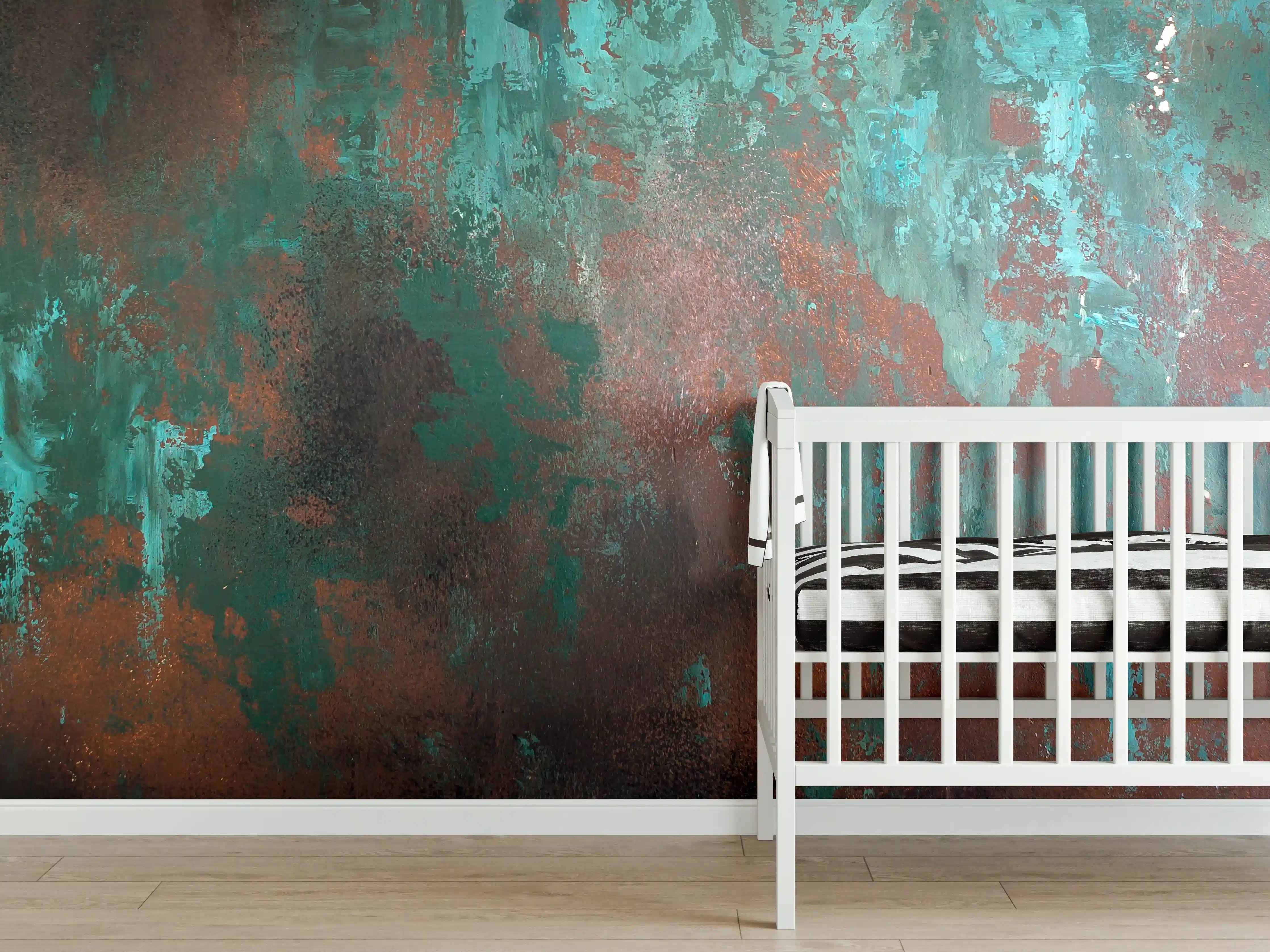 Babyzimmer Wandgestaltung - Türkis-Braune Metall-Oberfläche mit Patina
