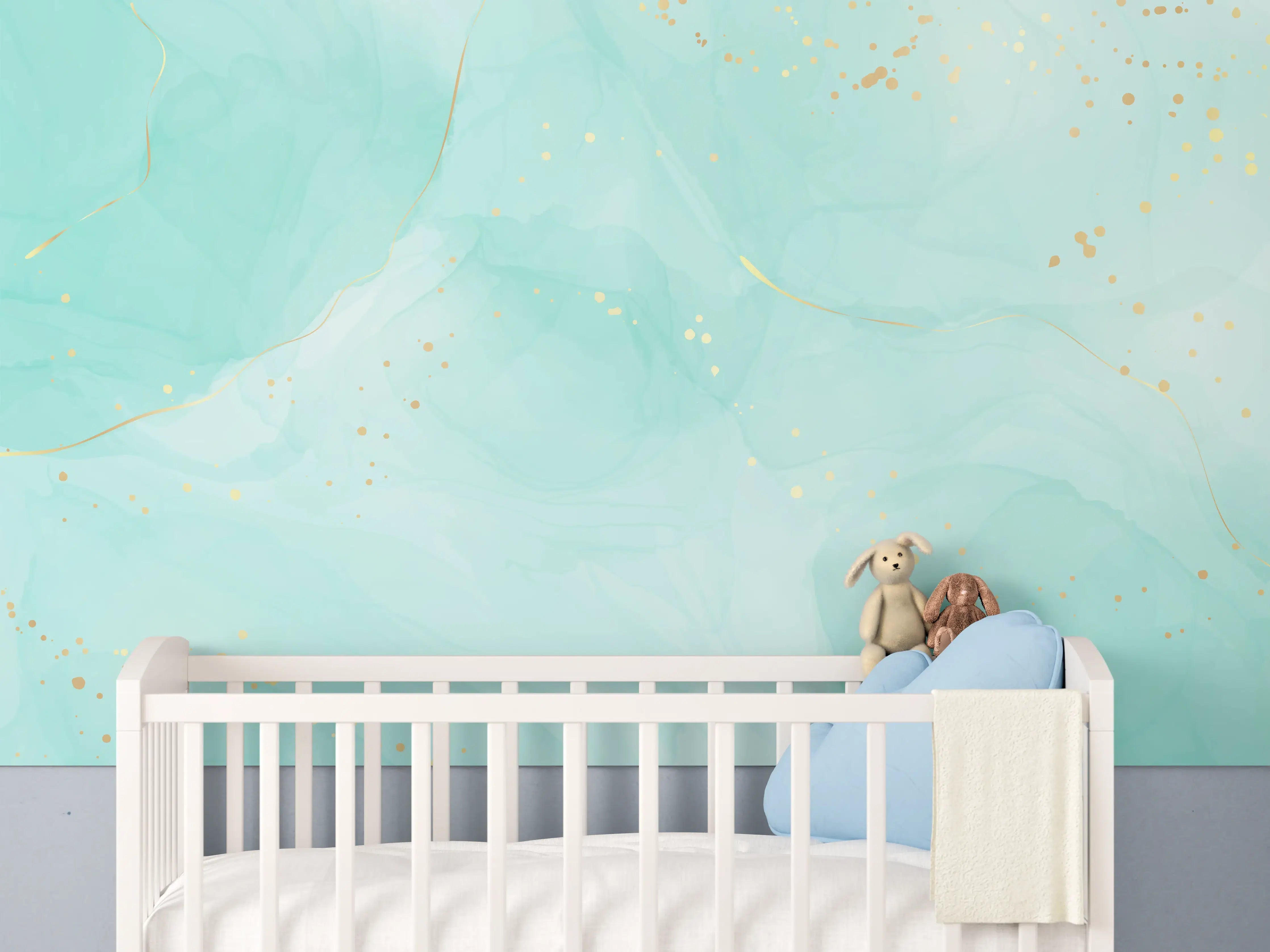 Babyzimmer Wandgestaltung - Türkis-Goldene Aquarell Textur