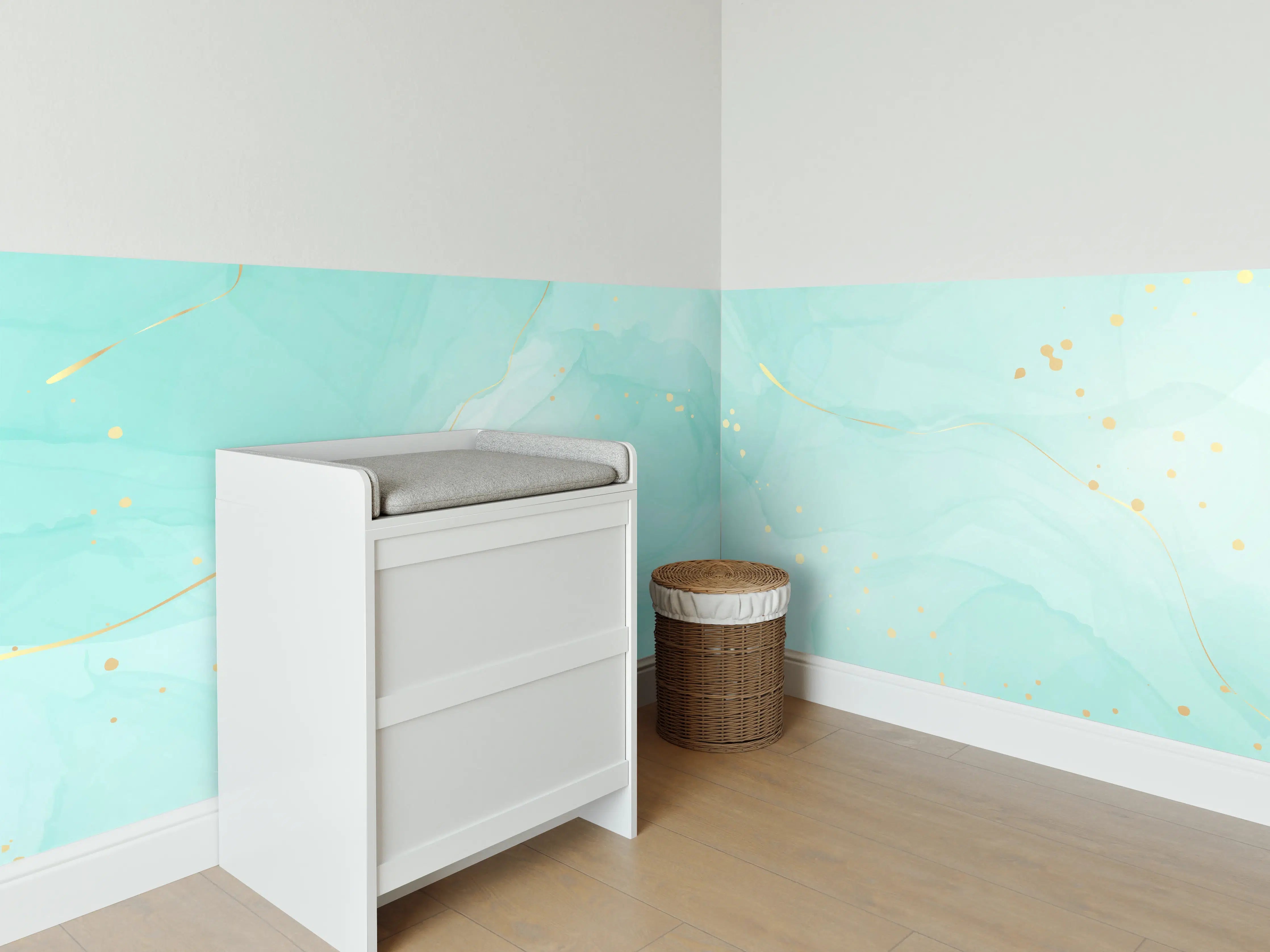Babyzimmer Wandgestaltung - Türkis-Goldene Aquarell Textur