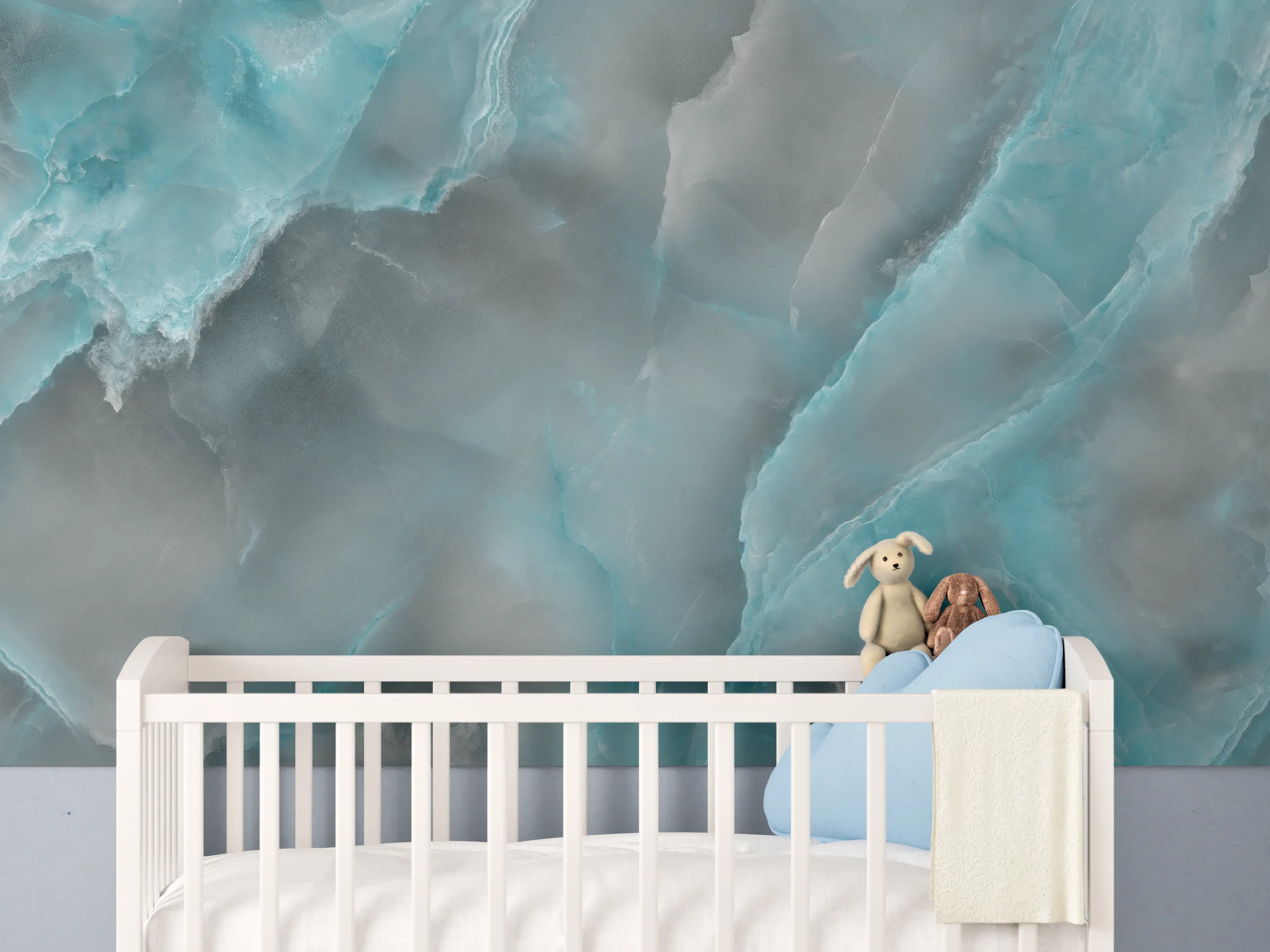 Babyzimmer Wandgestaltung - Türkis-Grau-Steinmuster