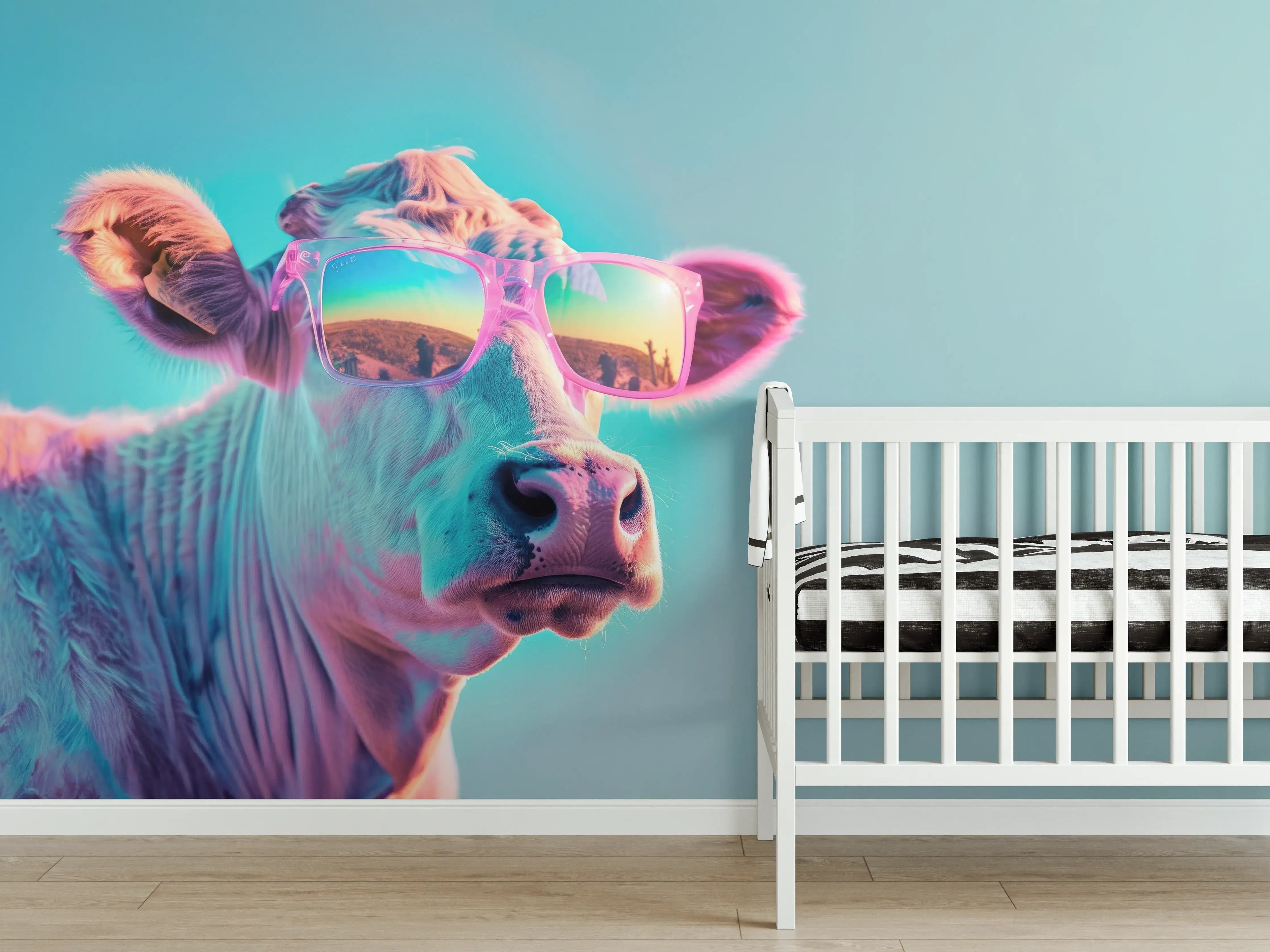 Babyzimmer Wandgestaltung - Türkis-Pastell-Kuh mit Sonnenbrille