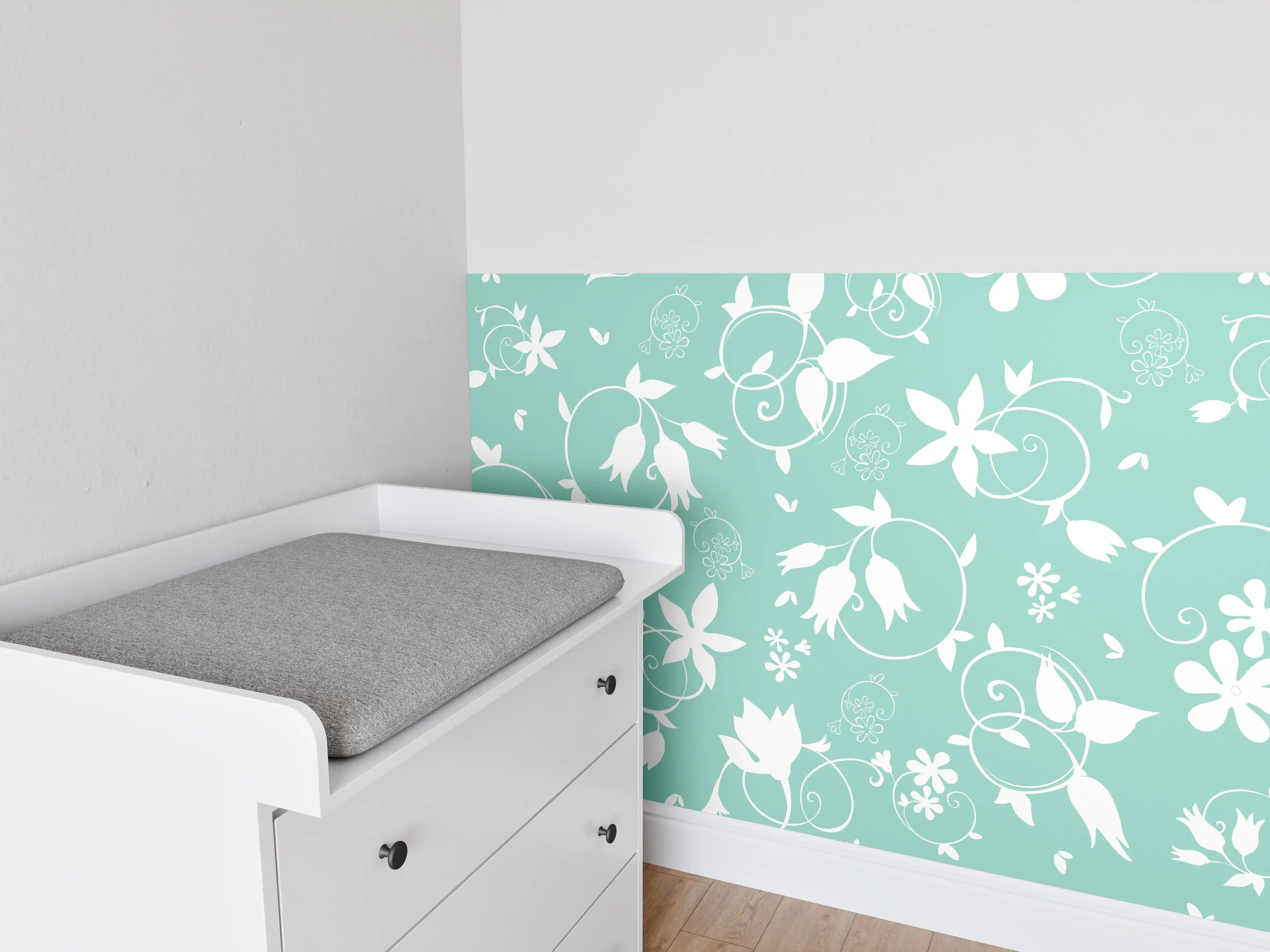 Babyzimmer Wandgestaltung - Türkis-Weiß Blumenmuster
