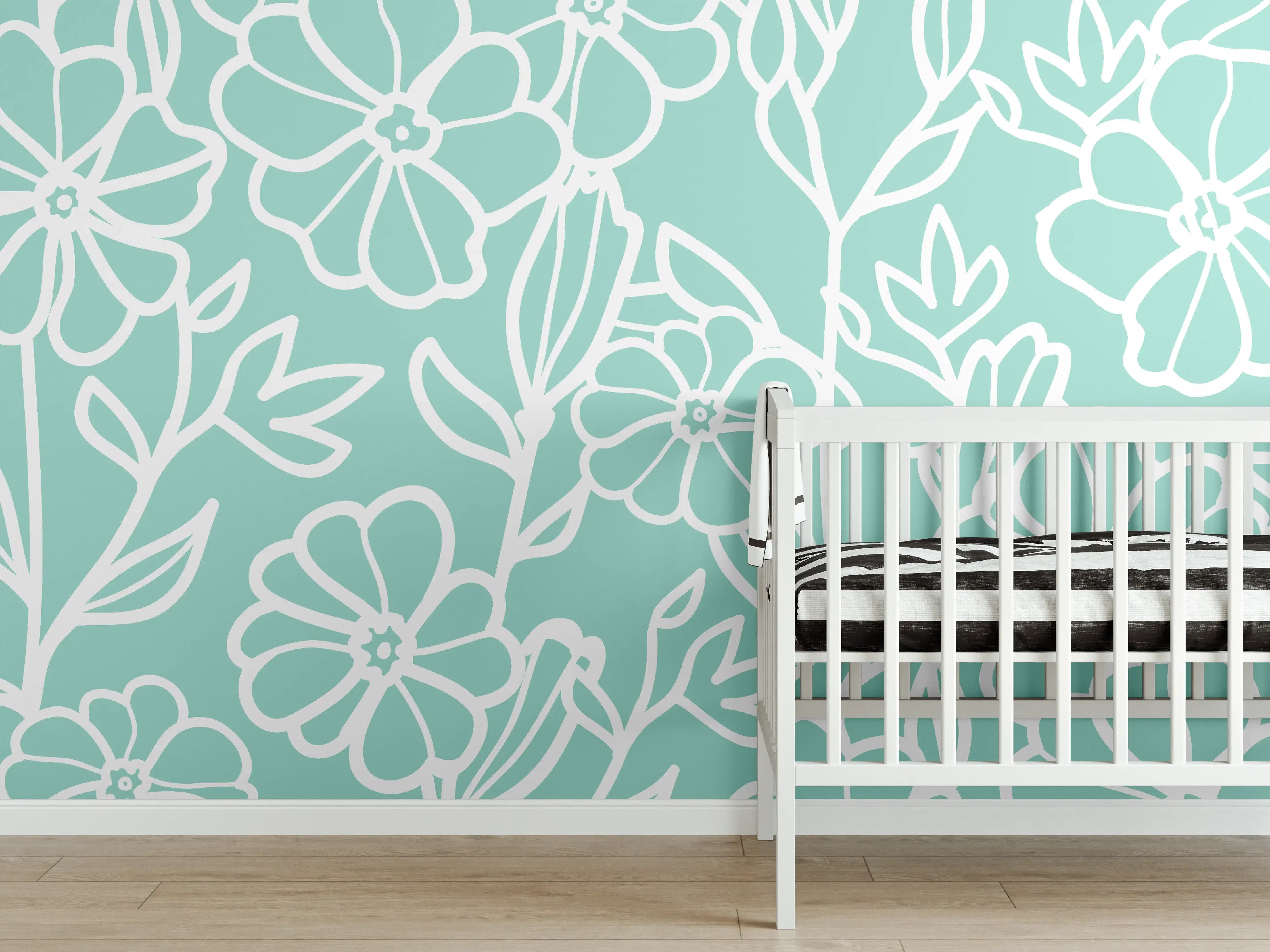 Babyzimmer Wandgestaltung - Türkis-Weißes Blumenmuster