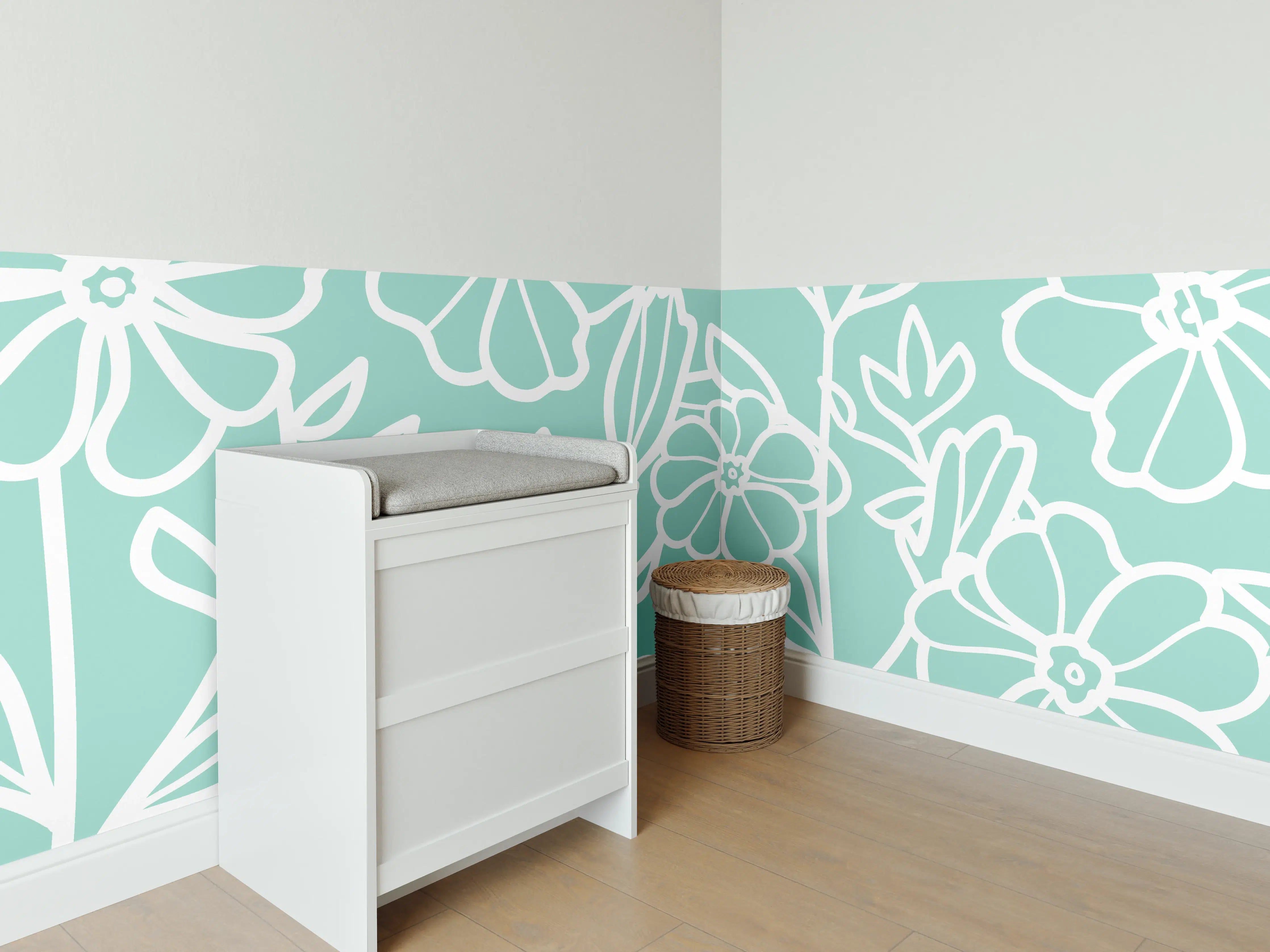 Babyzimmer Wandgestaltung - Türkis-Weißes Blumenmuster