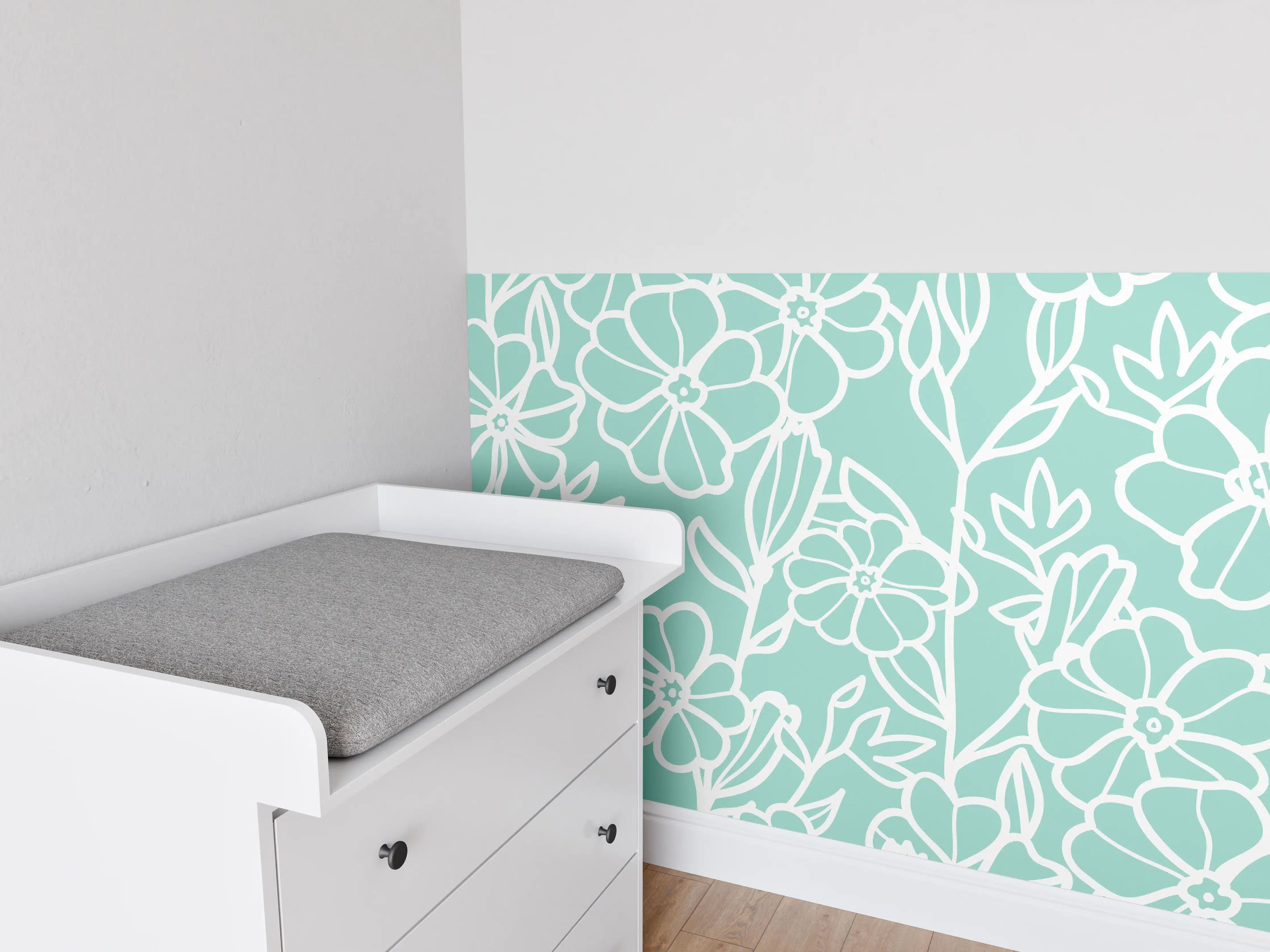 Babyzimmer Wandgestaltung - Türkis-Weißes Blumenmuster