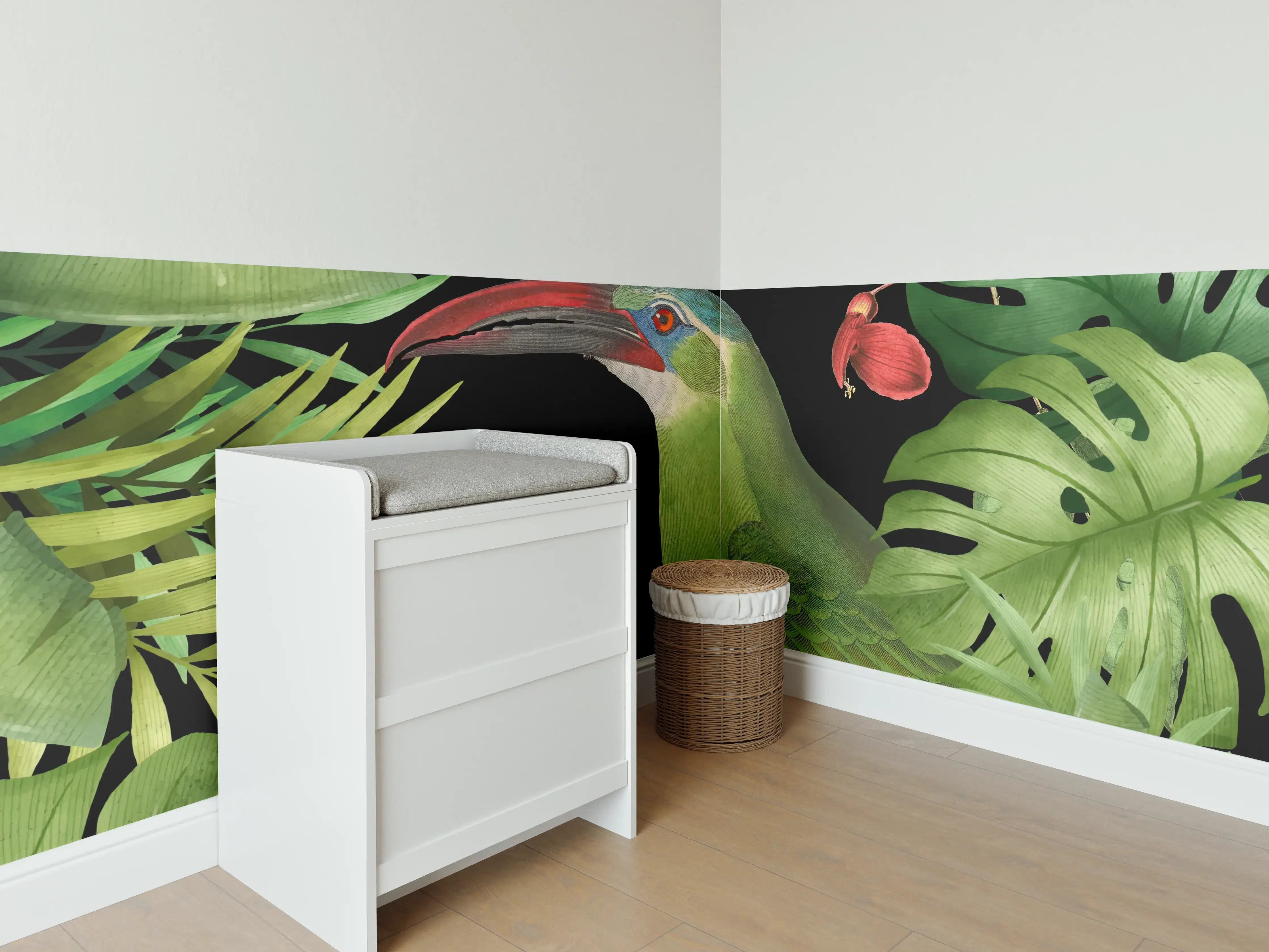 Babyzimmer Wandgestaltung - Tukan Malerei - Tropische Blätter