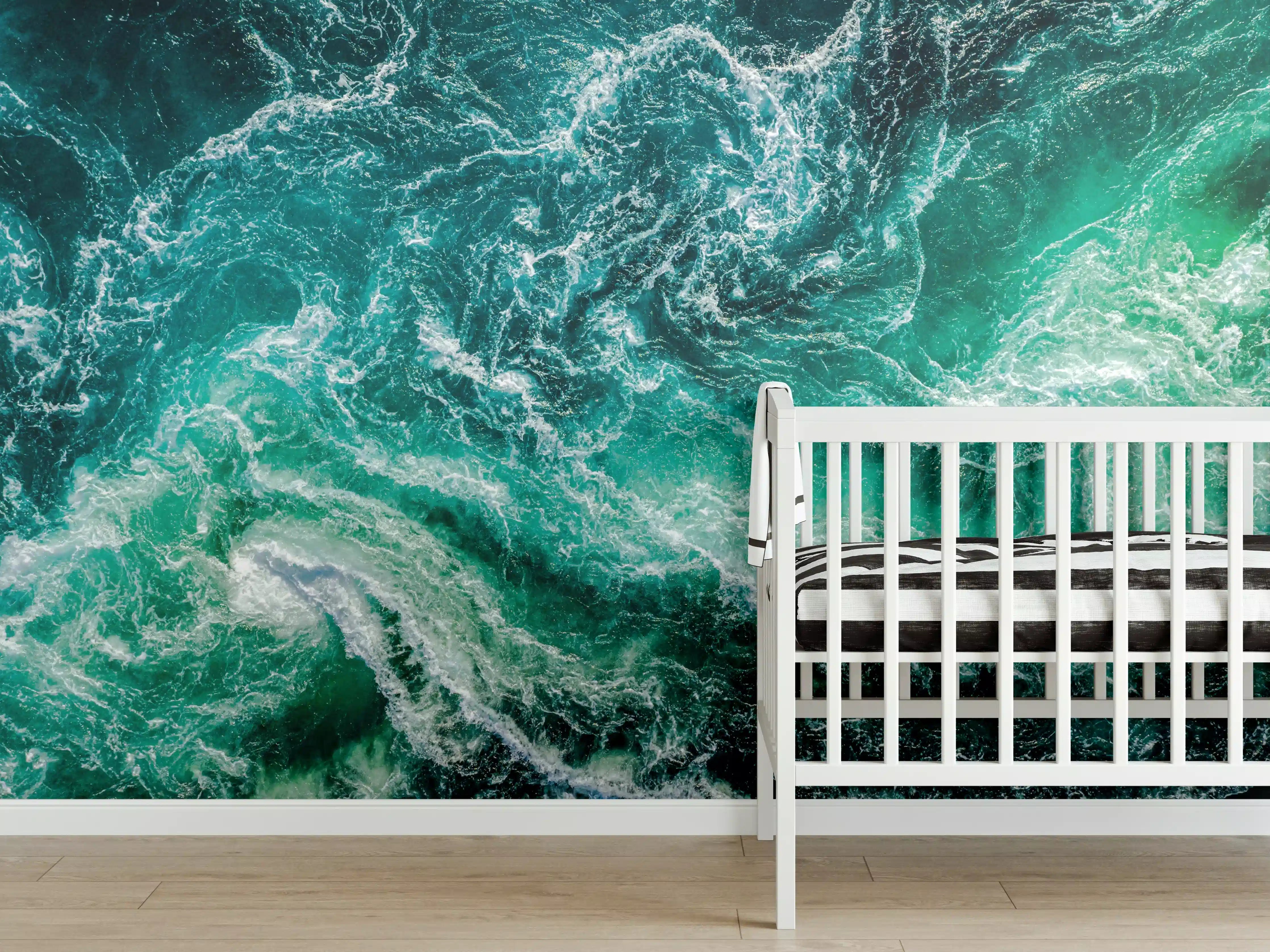 Babyzimmer Wandgestaltung - Turbulente Meereswellen in Blau-Grün