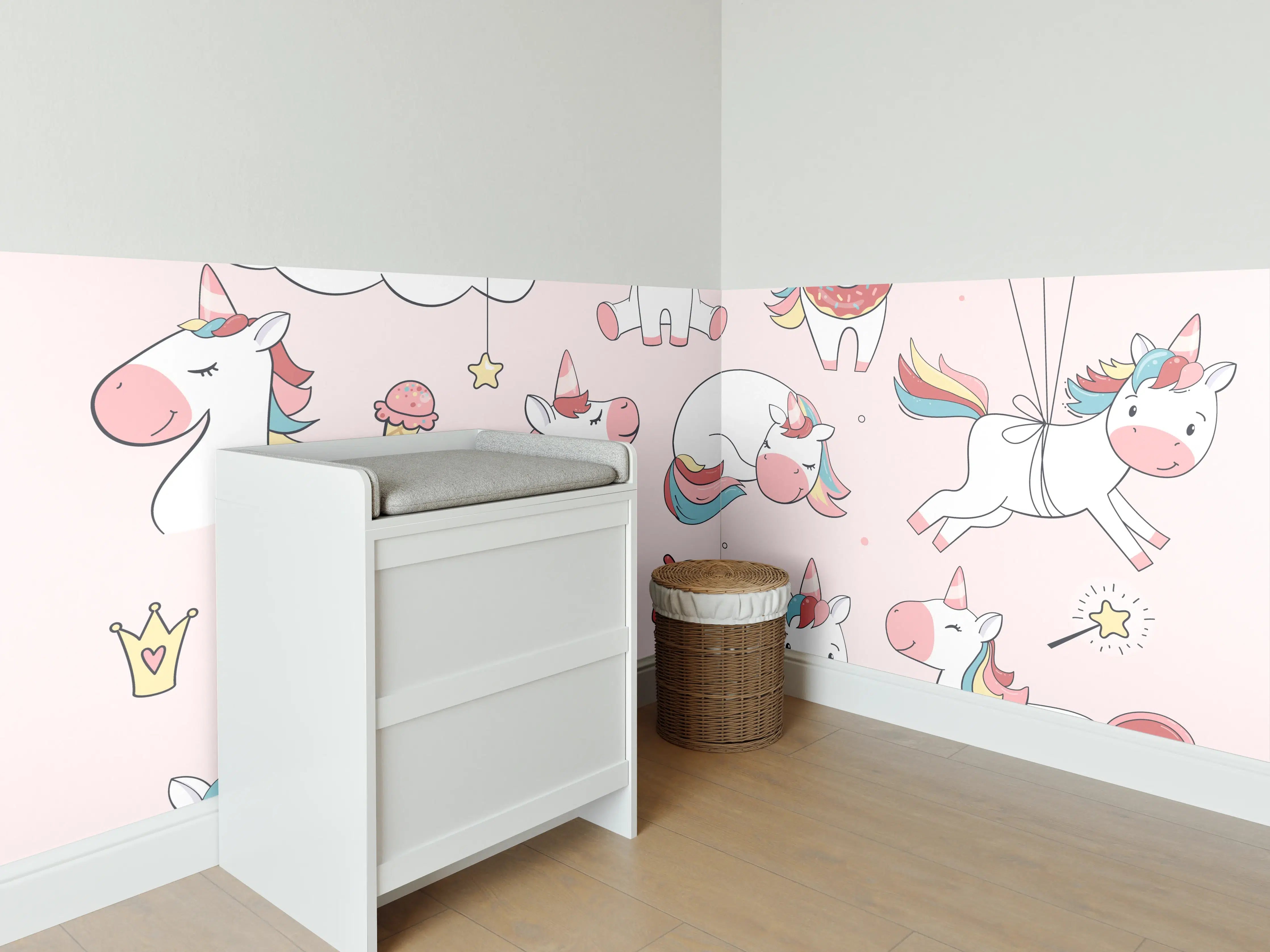Babyzimmer Wandgestaltung - Verspielte Einhorn-Welt in Pastellfarben
