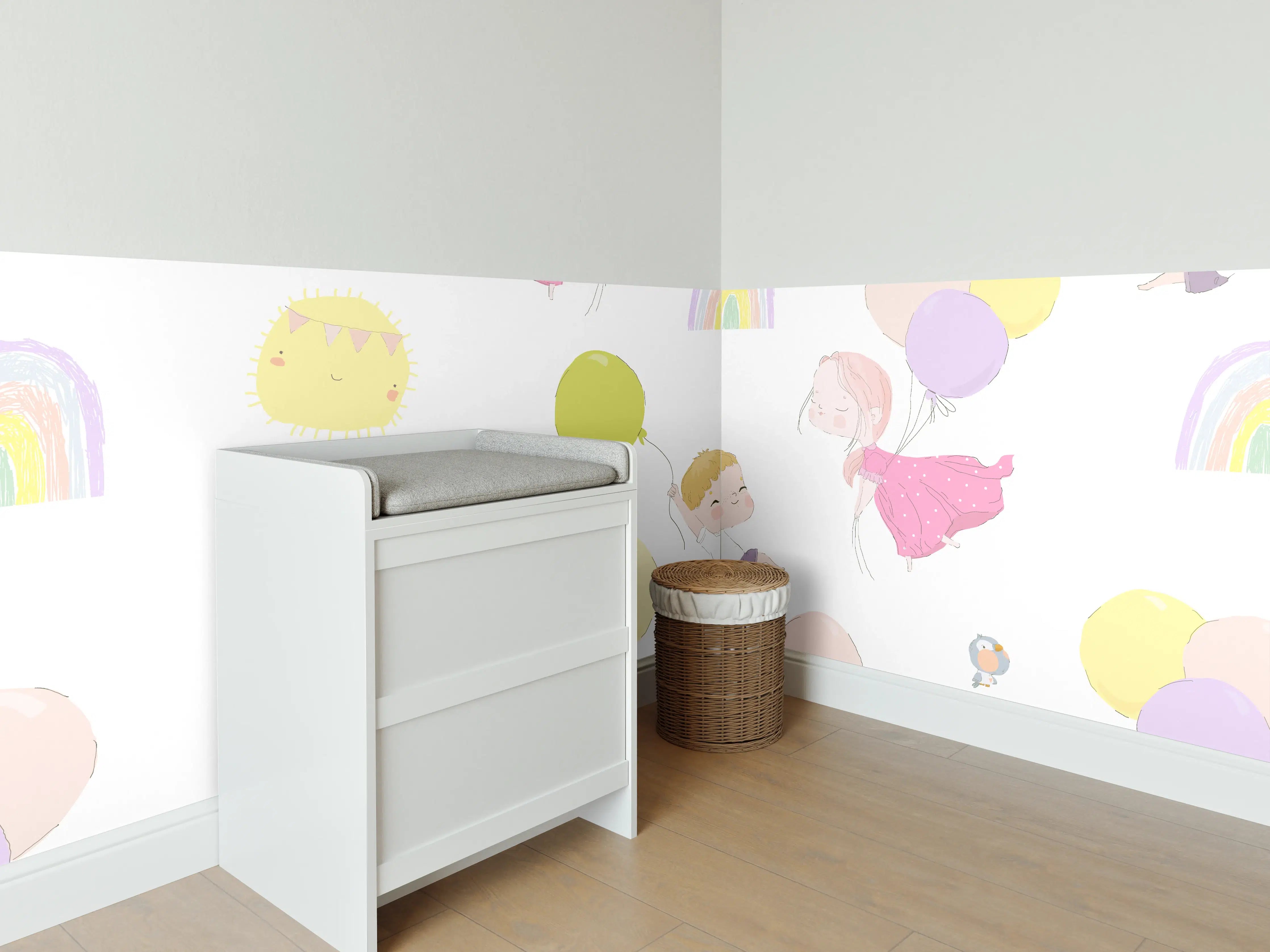 Babyzimmer Wandgestaltung - Verspielte Kinder mit Luftballons im Pastelllook