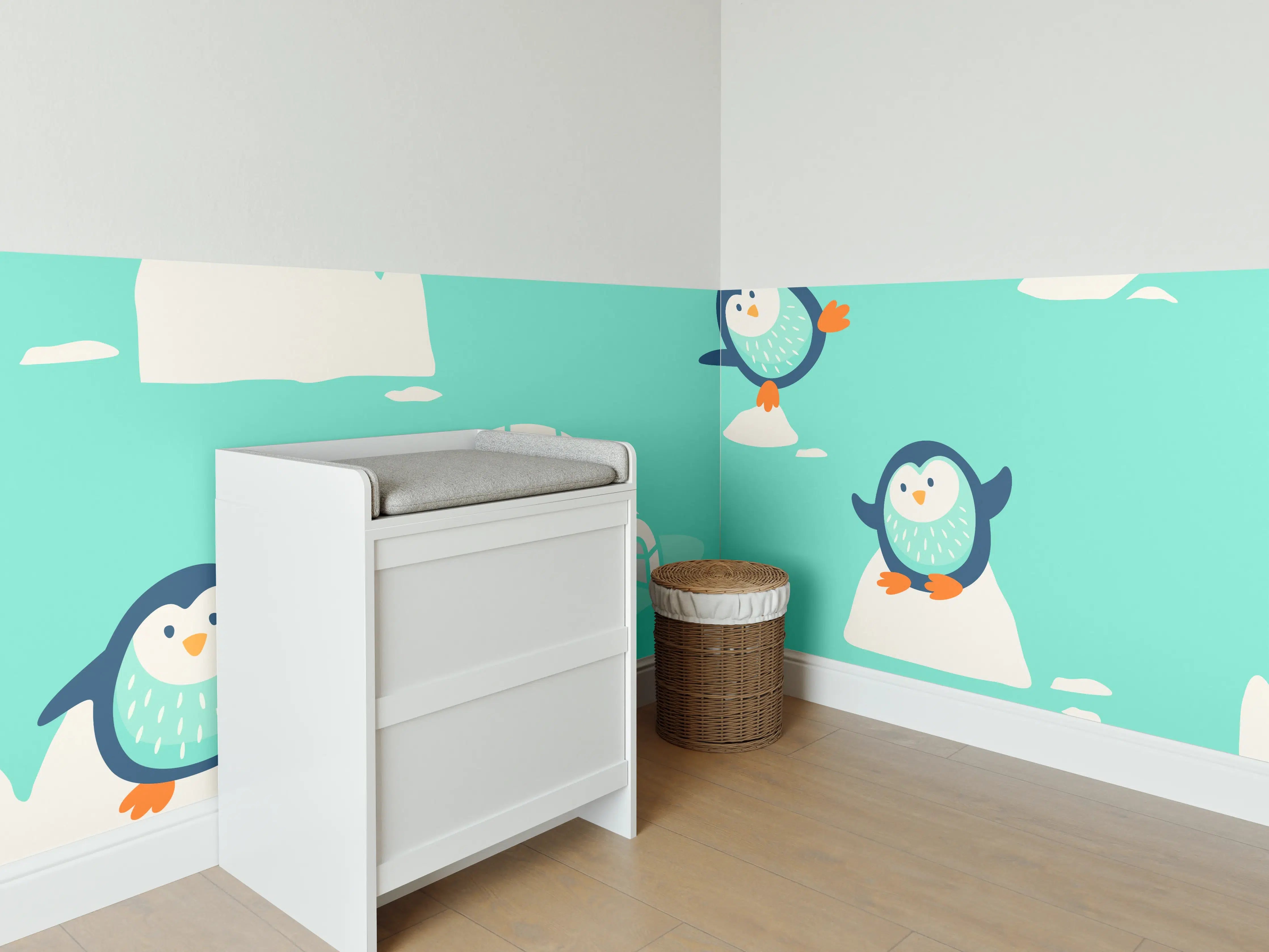Babyzimmer Wandgestaltung - Verspielte Pinguin-Musterung Türkis