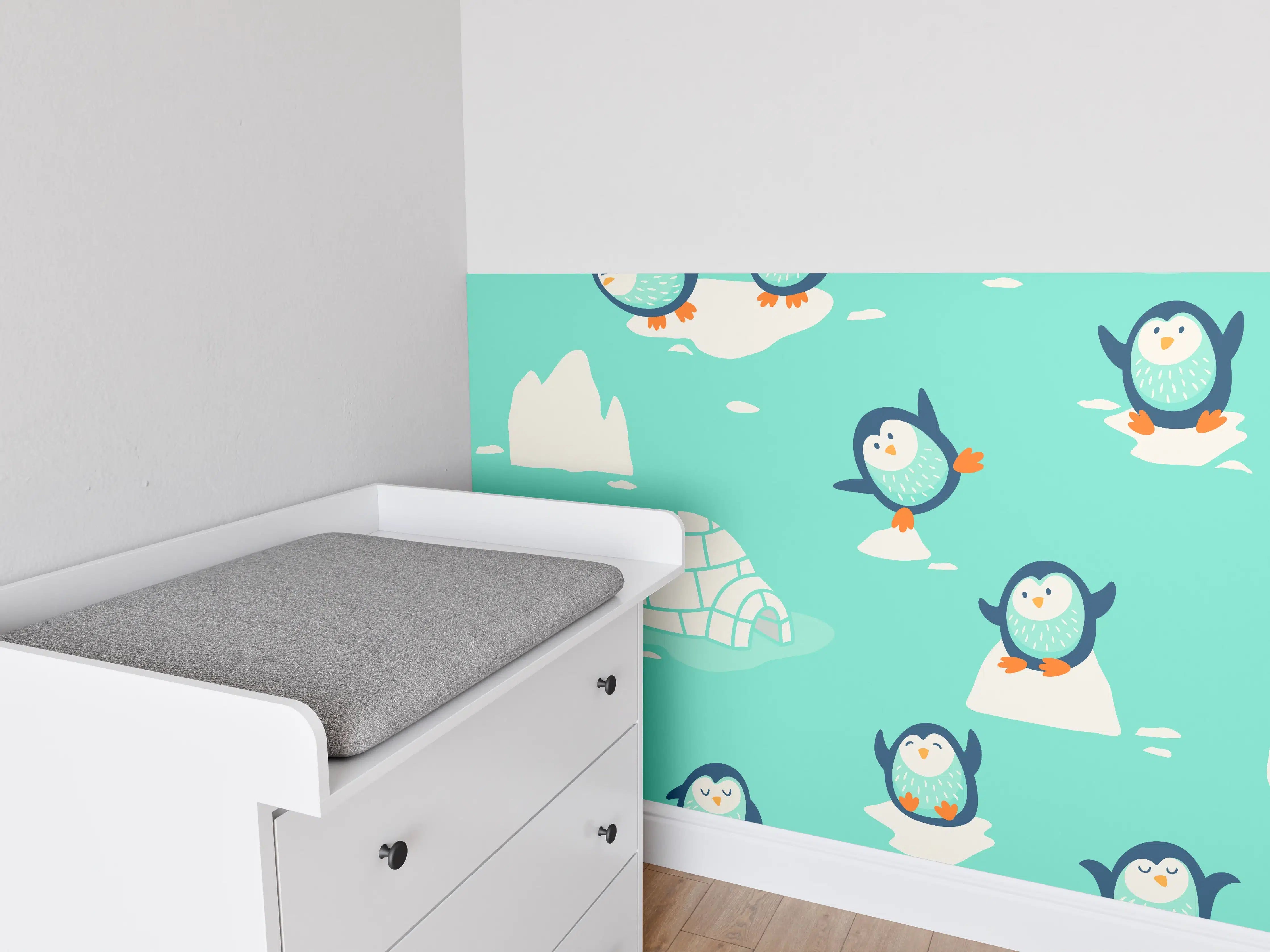 Babyzimmer Wandgestaltung - Verspielte Pinguin-Musterung Türkis