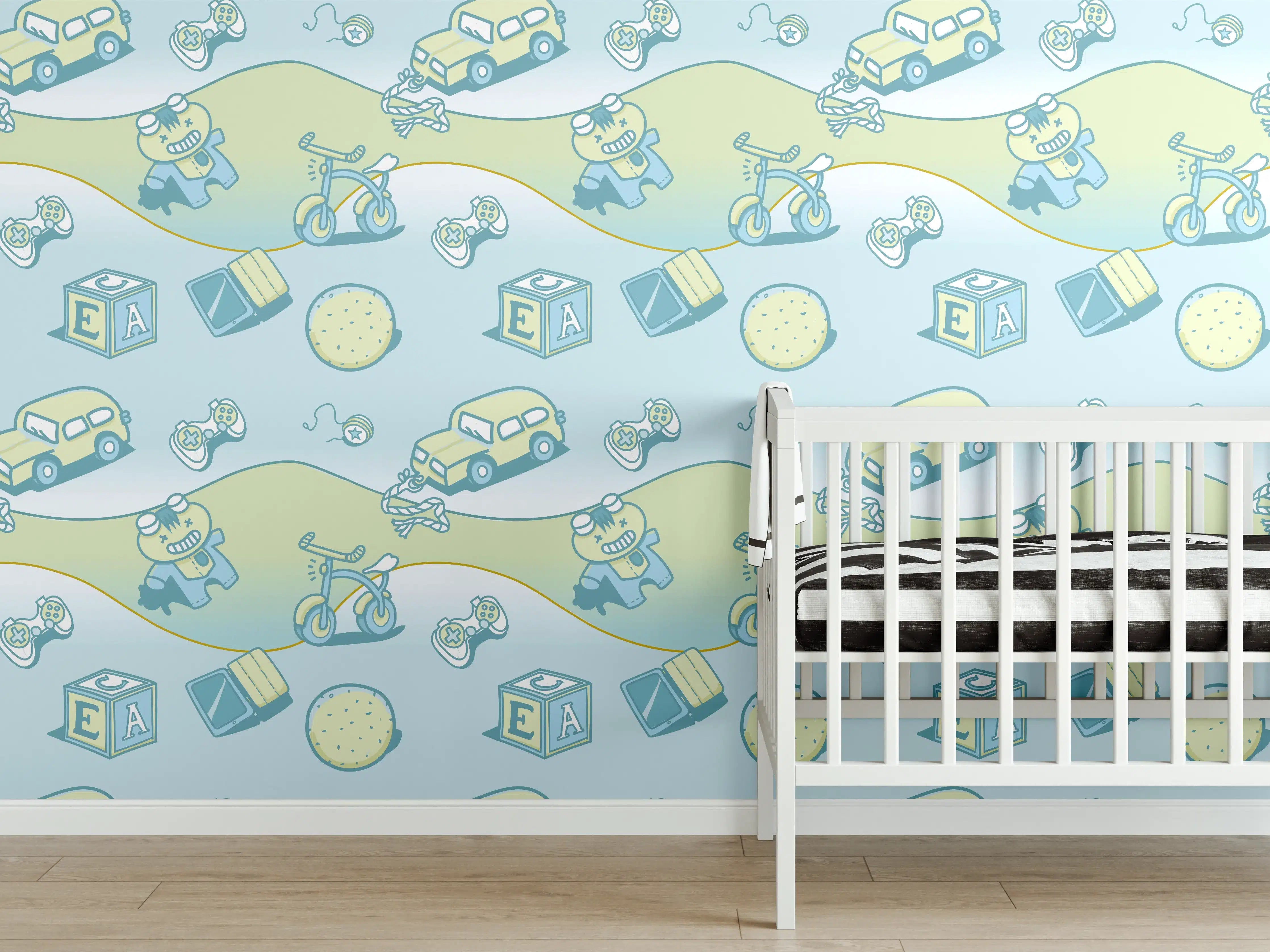 Babyzimmer Wandgestaltung - Verspieltes Babyzimmer mit blauer Wagen- und Tiermuster