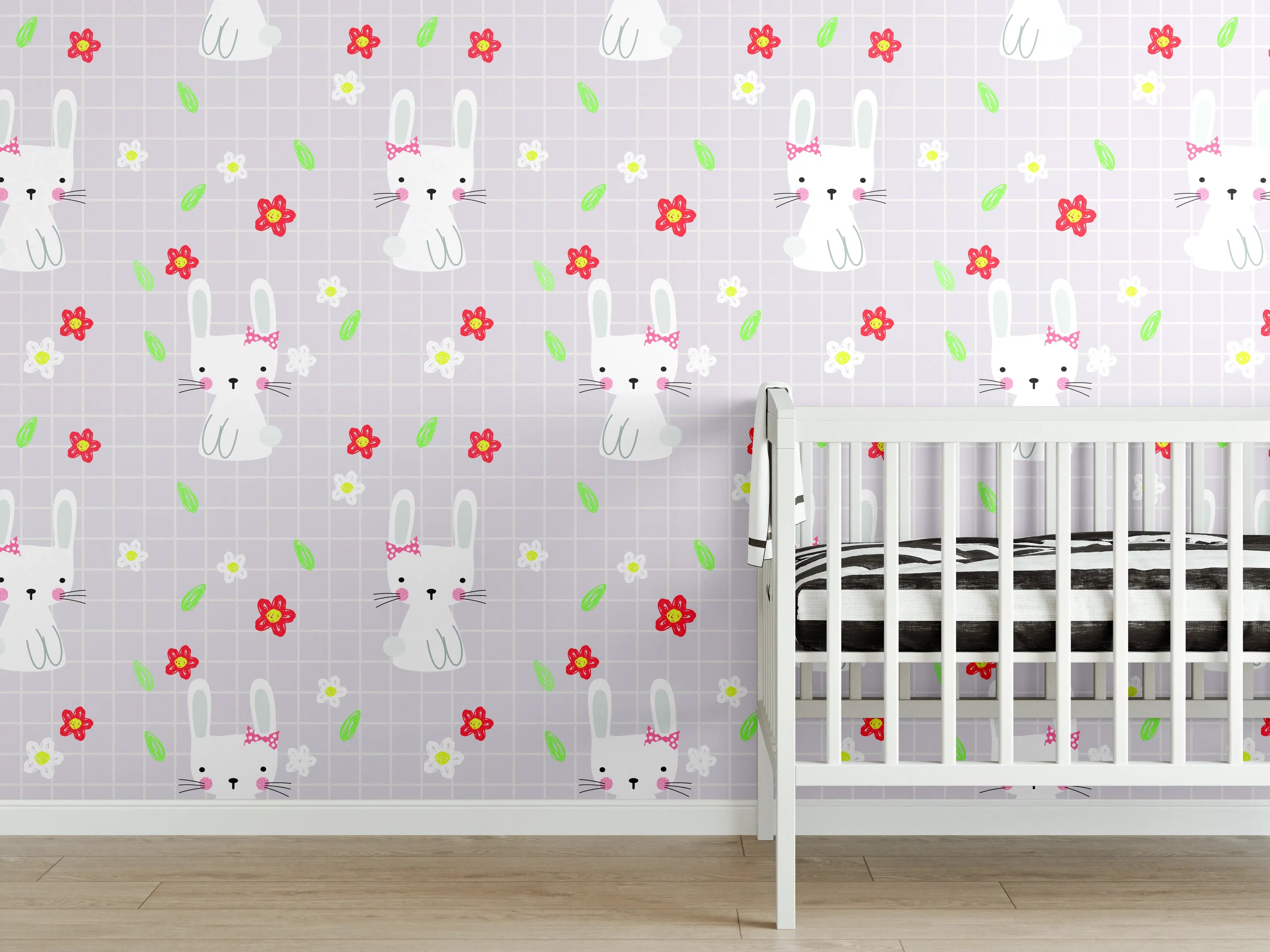 Babyzimmer Wandgestaltung - Verspieltes Hasen- und Blumenmuster in Pastellfarben