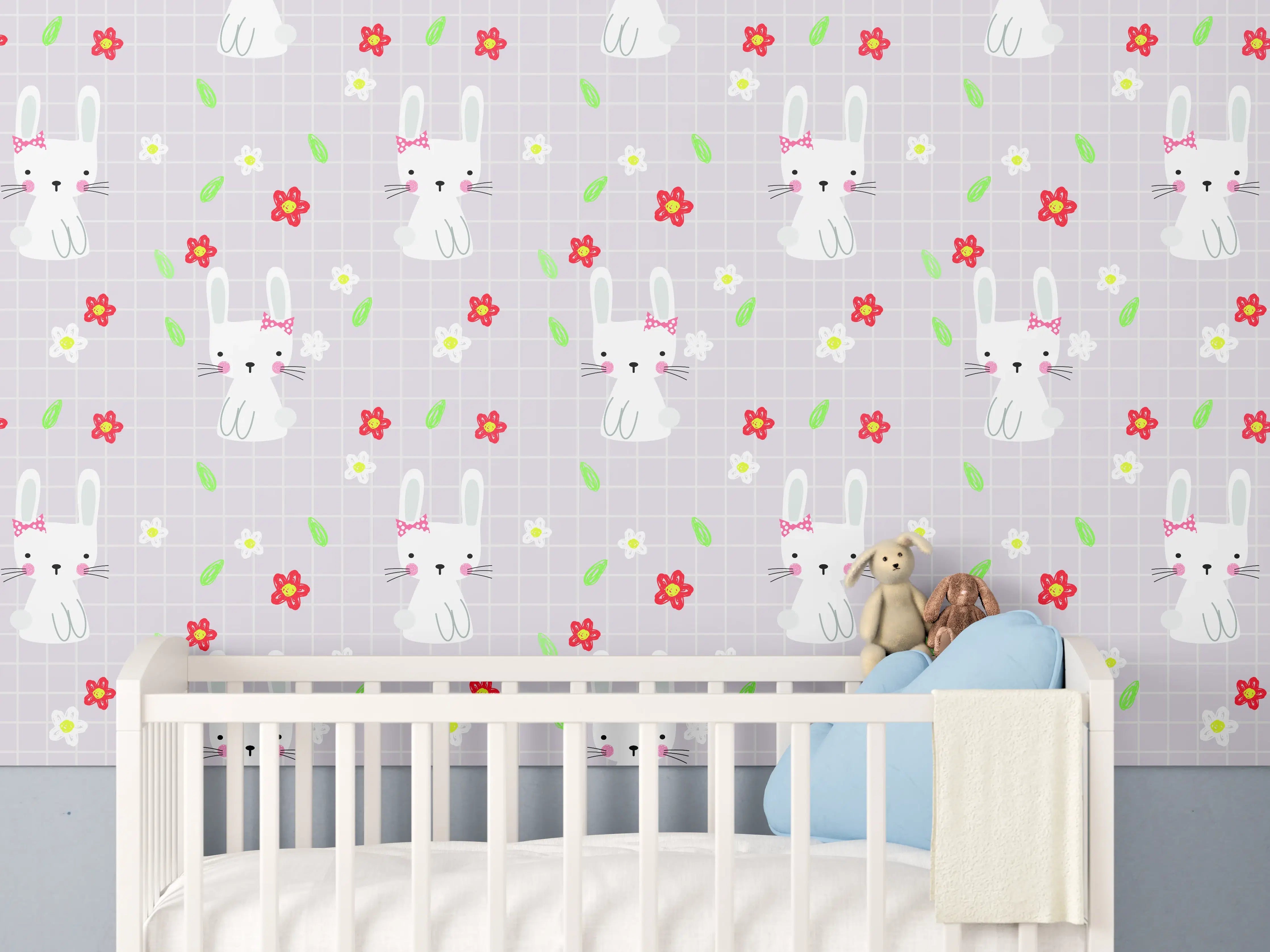 Babyzimmer Wandgestaltung - Verspieltes Hasen- und Blumenmuster in Pastellfarben