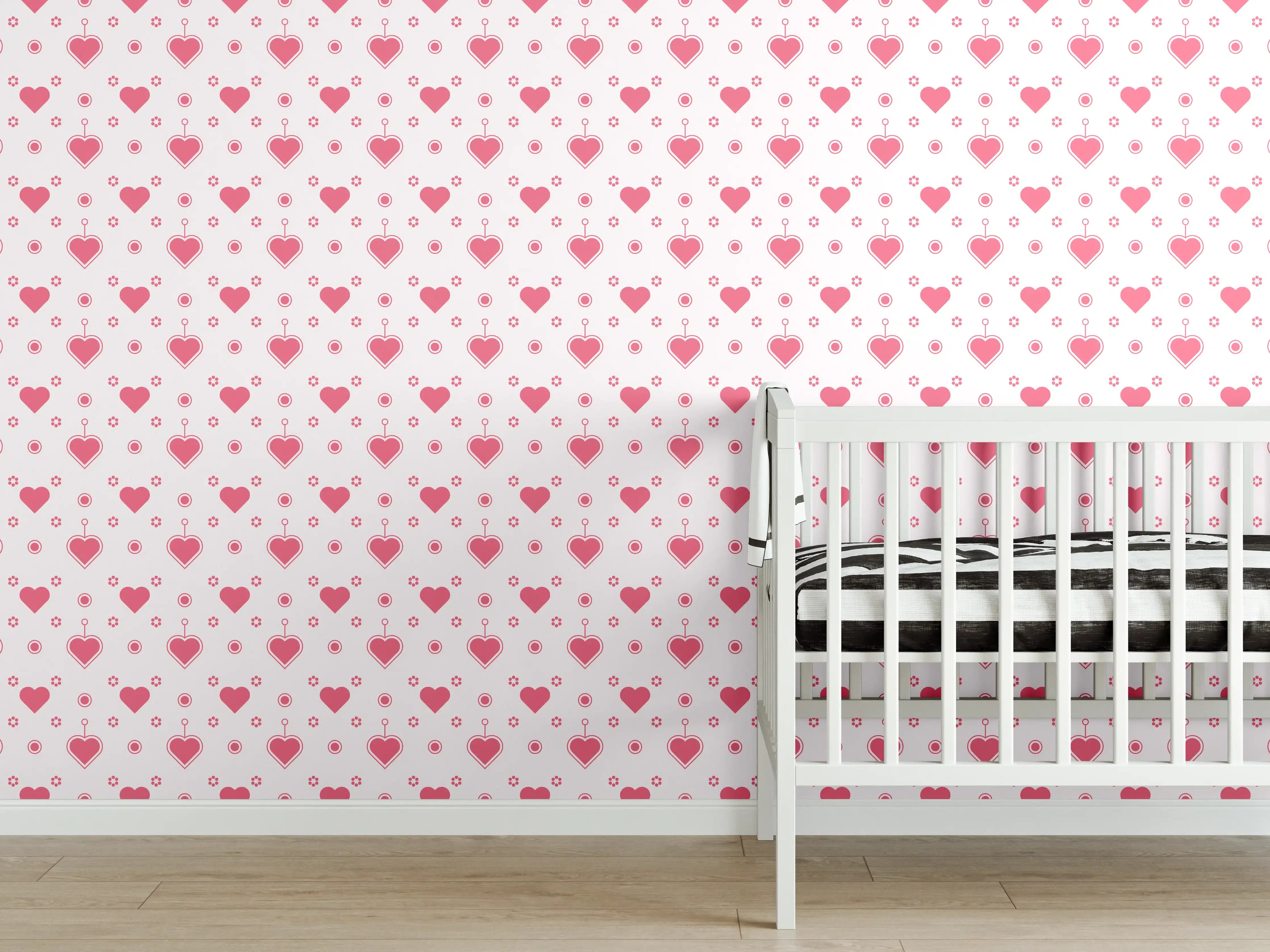 Babyzimmer Wandgestaltung - Verspieltes Herzmuster in Rosa auf Weiß