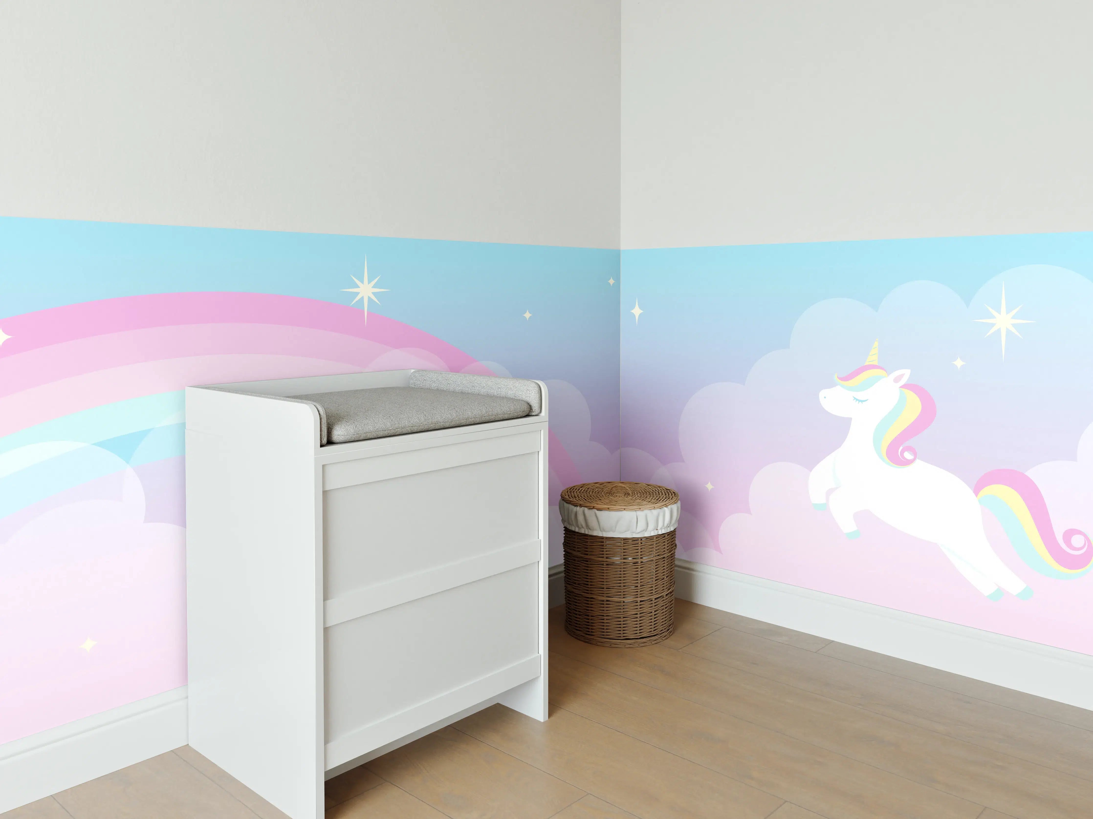 Babyzimmer Wandgestaltung - Verwunschener Regenbogenhimmel