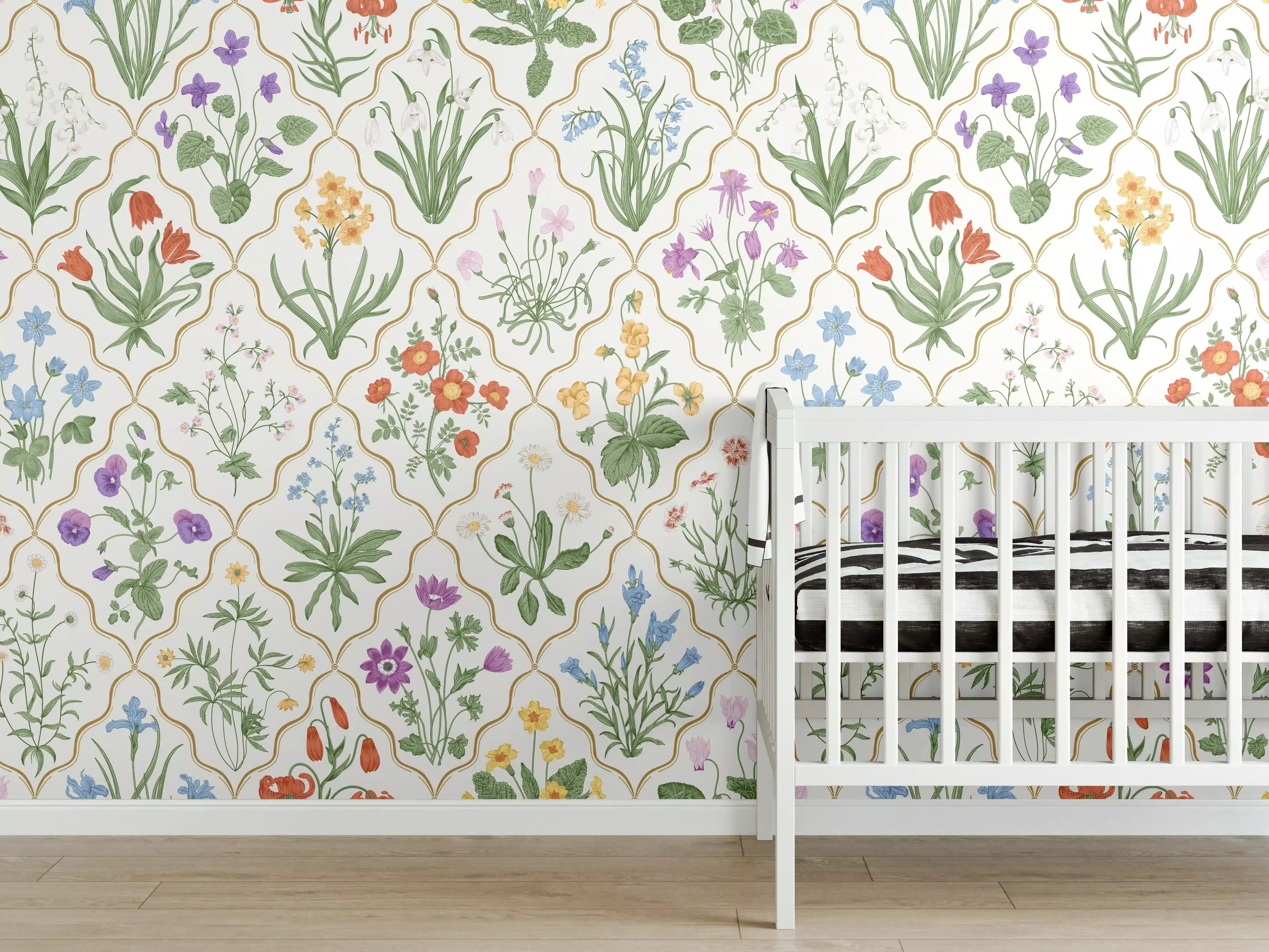 Babyzimmer Wandgestaltung - Vintage Bloom Blumen-Tapete Beige-Grün