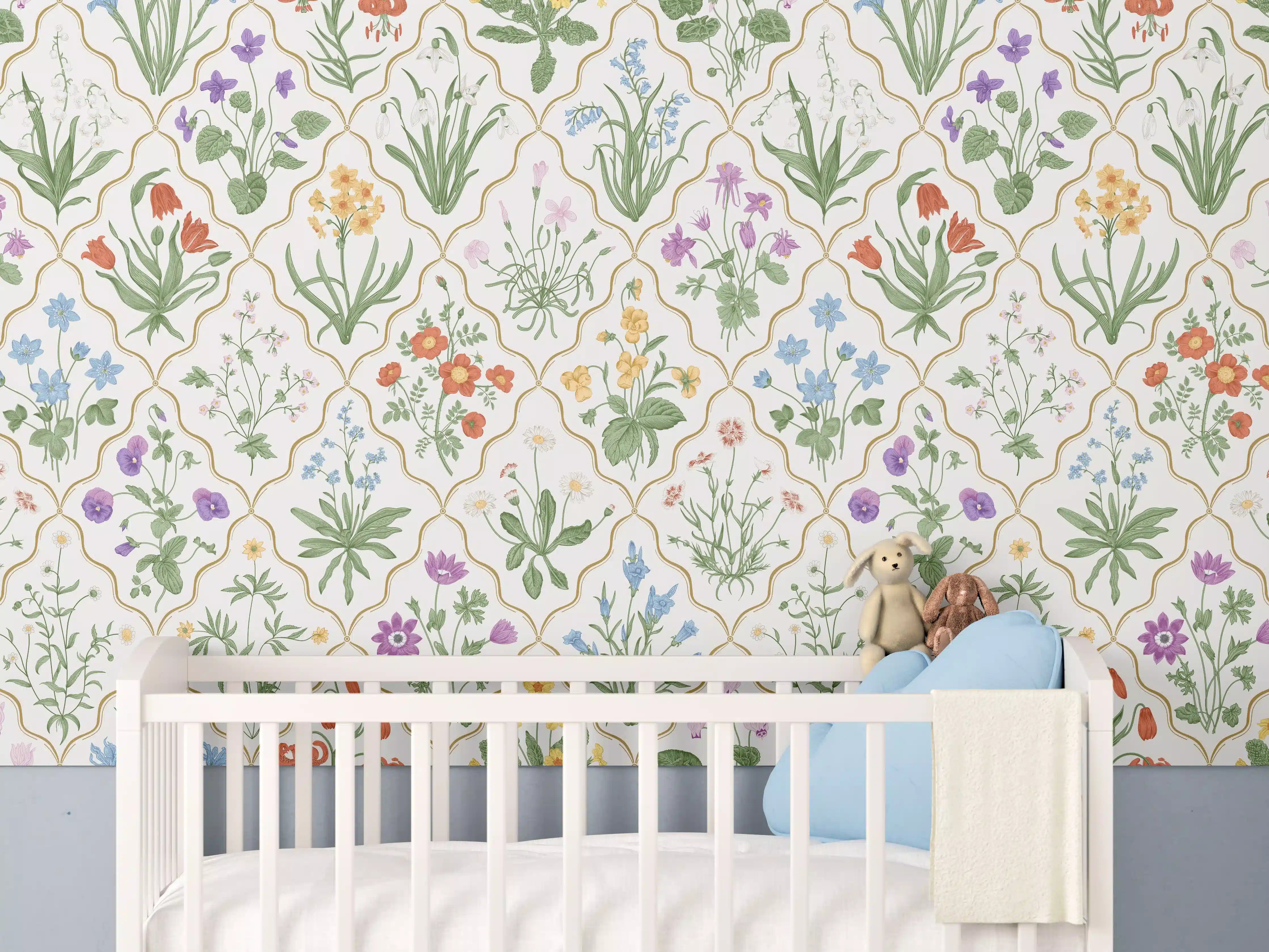 Babyzimmer Wandgestaltung - Vintage Bloom Blumen-Tapete Beige-Grün