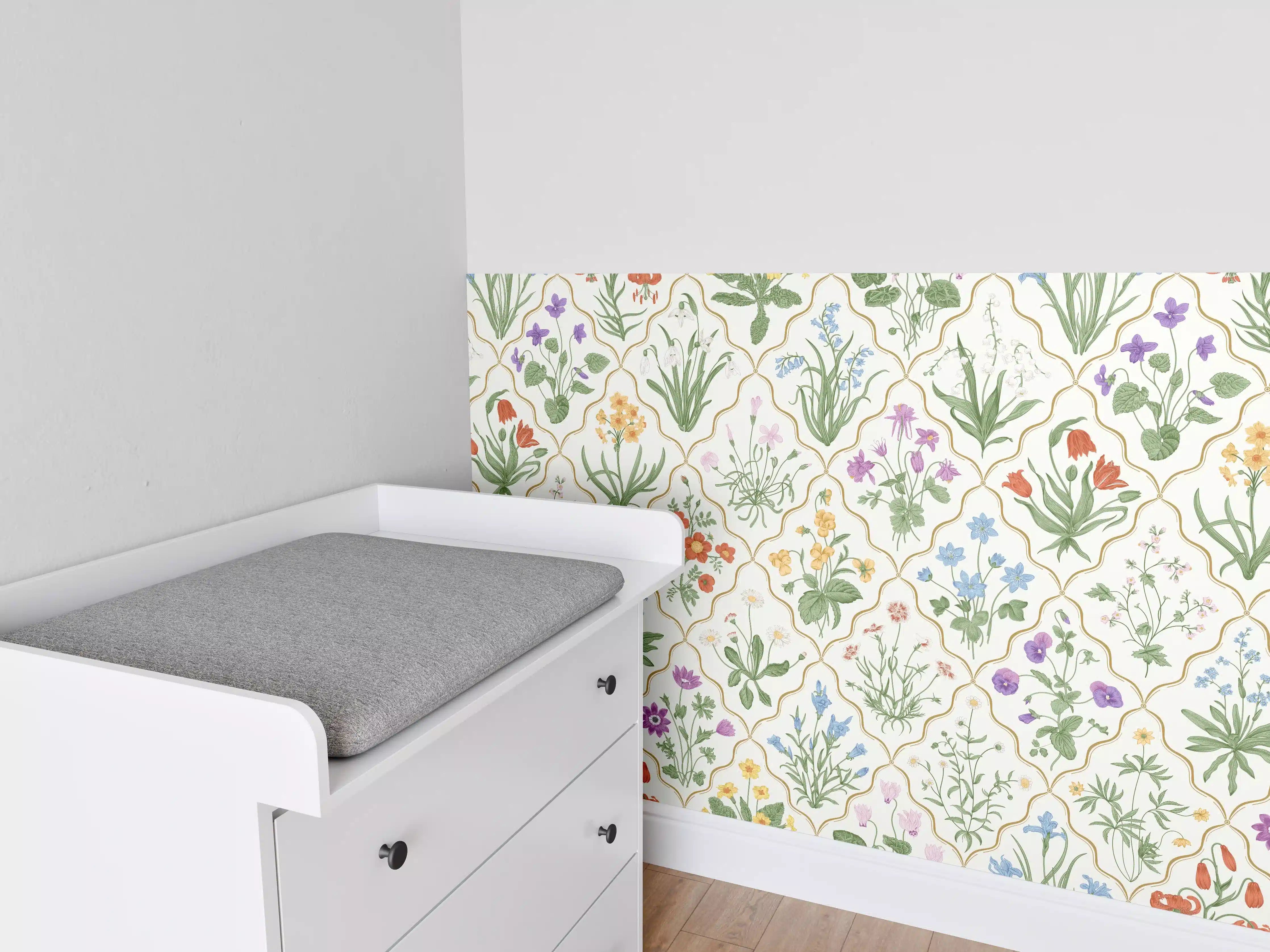 Babyzimmer Wandgestaltung - Vintage Bloom Blumen-Tapete Beige-Grün