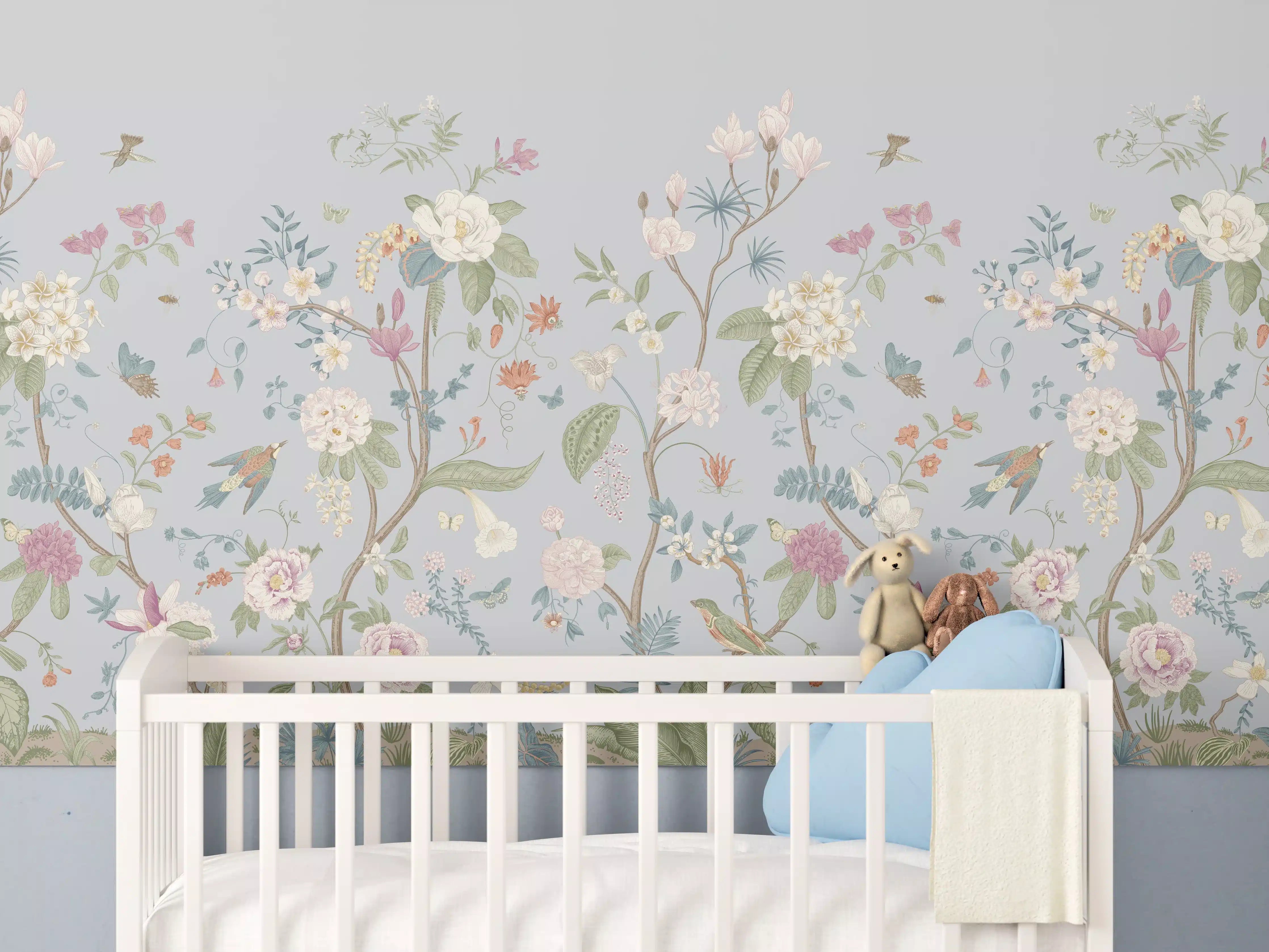 Babyzimmer Wandgestaltung - Vintage Bloom Blumenbordüre Grau-Rosa