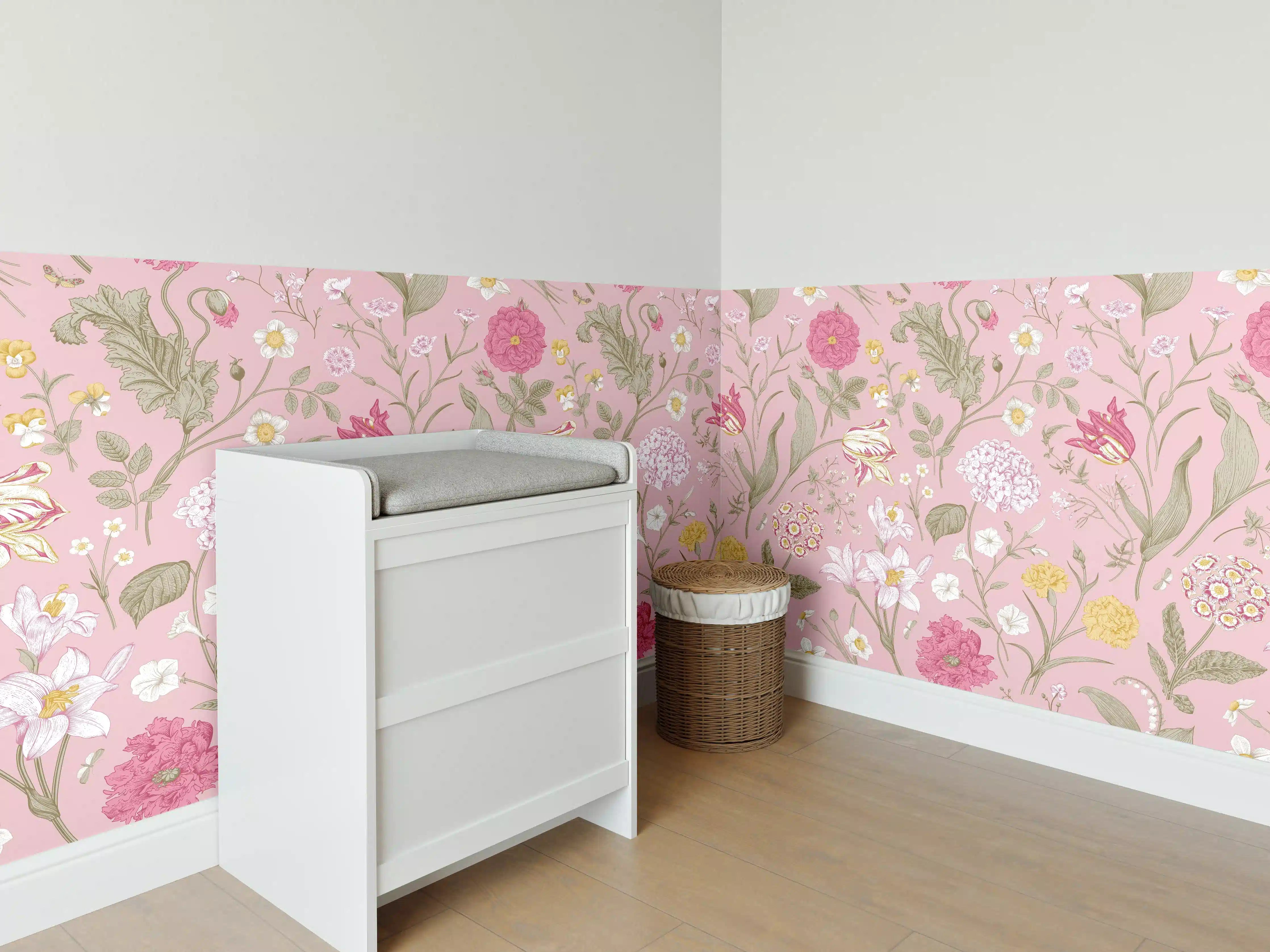 Babyzimmer Wandgestaltung - Vintage Bloom Rosa Blumenmuster