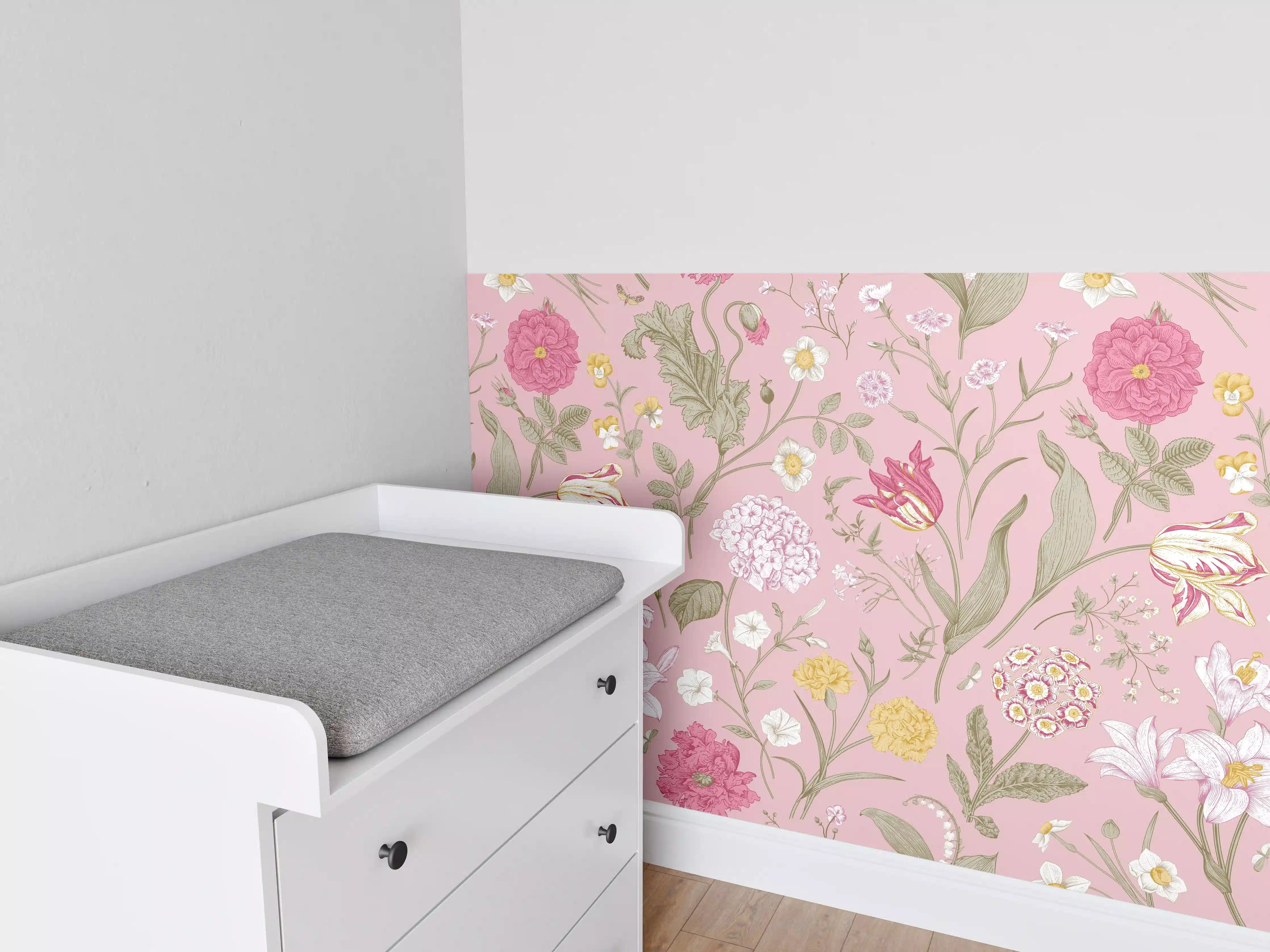 Babyzimmer Wandgestaltung - Vintage Bloom Rosa Blumenmuster