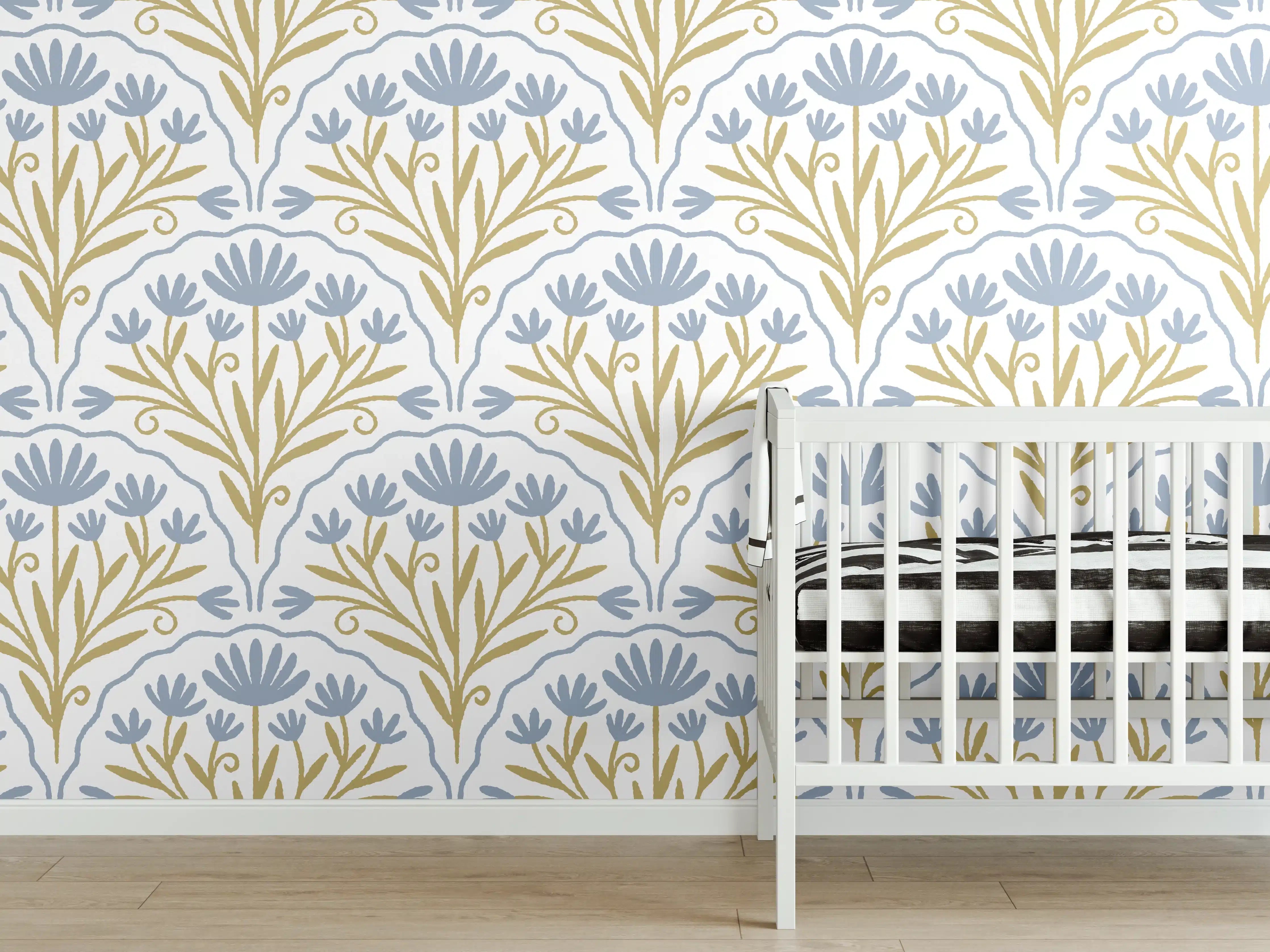 Babyzimmer Wandgestaltung - Vintage Bloom Tapete Blau-Weiß