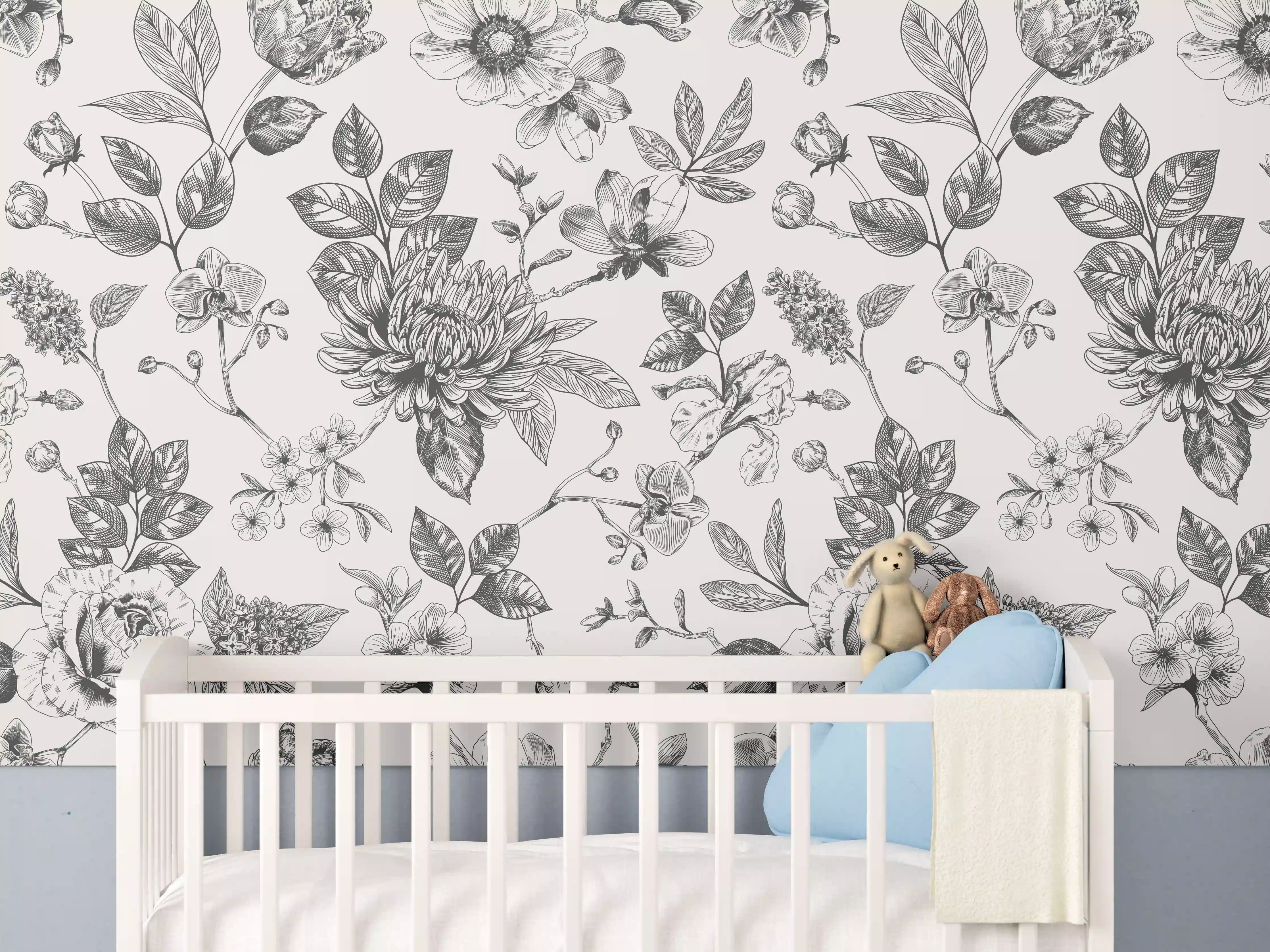 Babyzimmer Wandgestaltung - Vintage-Blumen Schwarz-Weiß