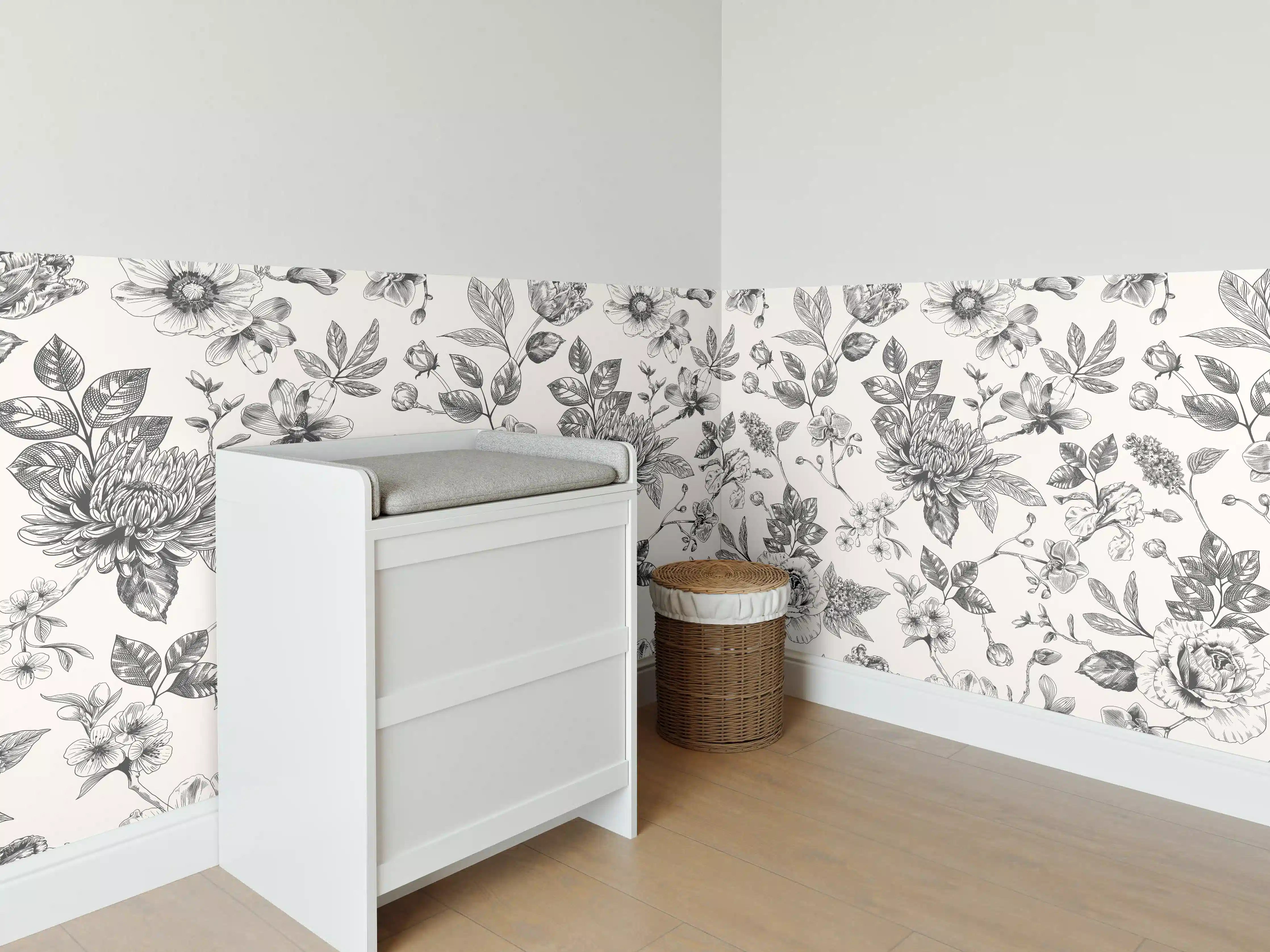 Babyzimmer Wandgestaltung - Vintage-Blumen Schwarz-Weiß