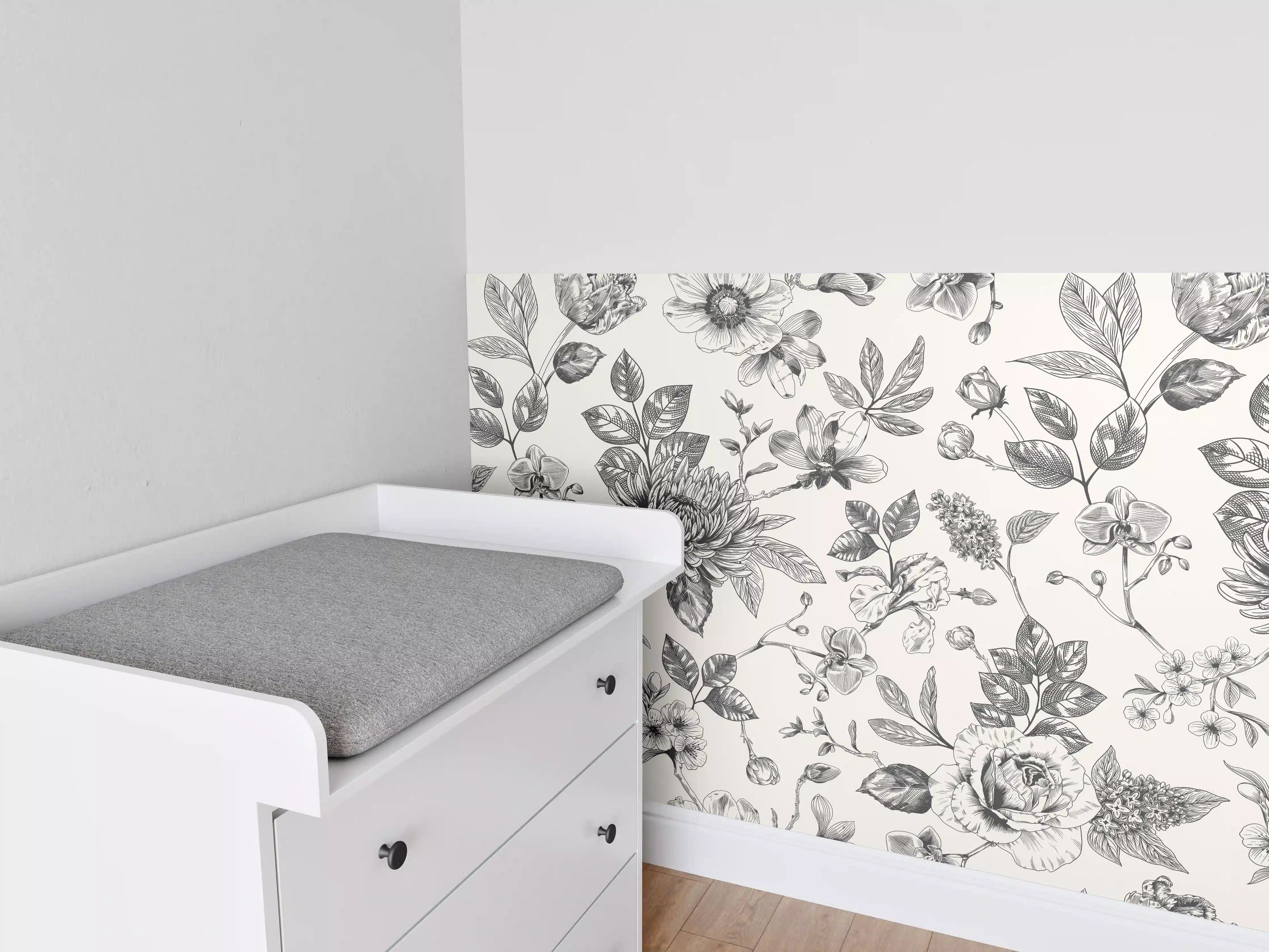 Babyzimmer Wandgestaltung - Vintage-Blumen Schwarz-Weiß
