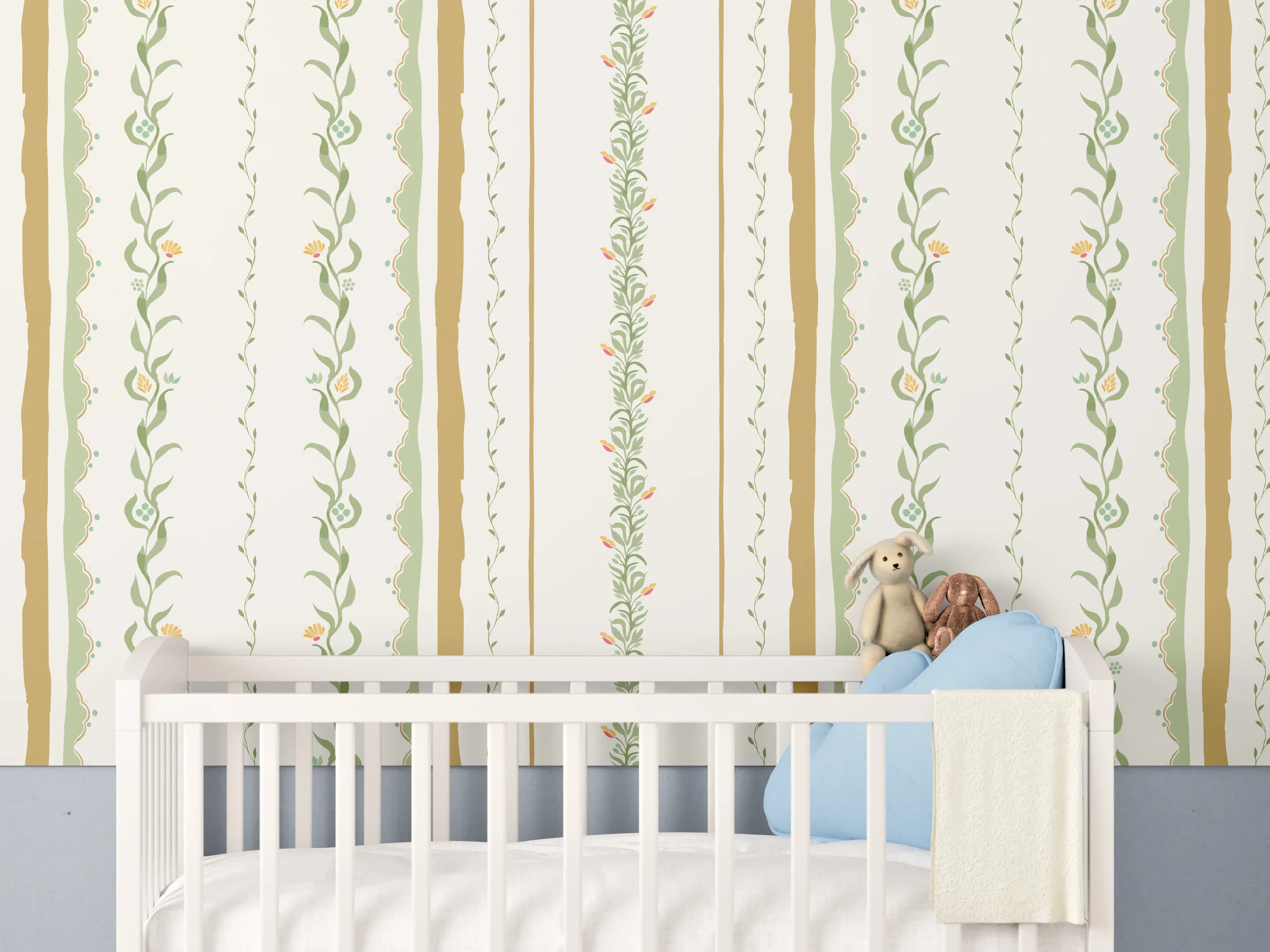 Babyzimmer Wandgestaltung - Vintage-Blumen Tapete Beige-Grün