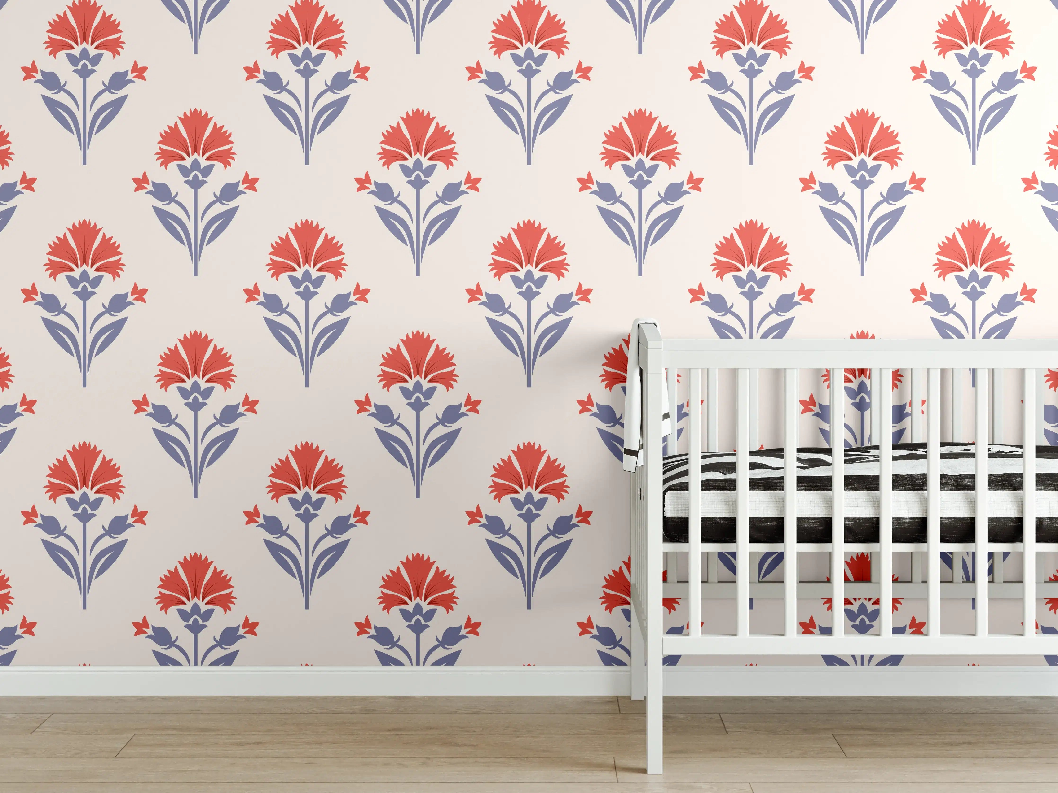 Babyzimmer Wandgestaltung - Vintage Blumen Tapete Beige-Rot