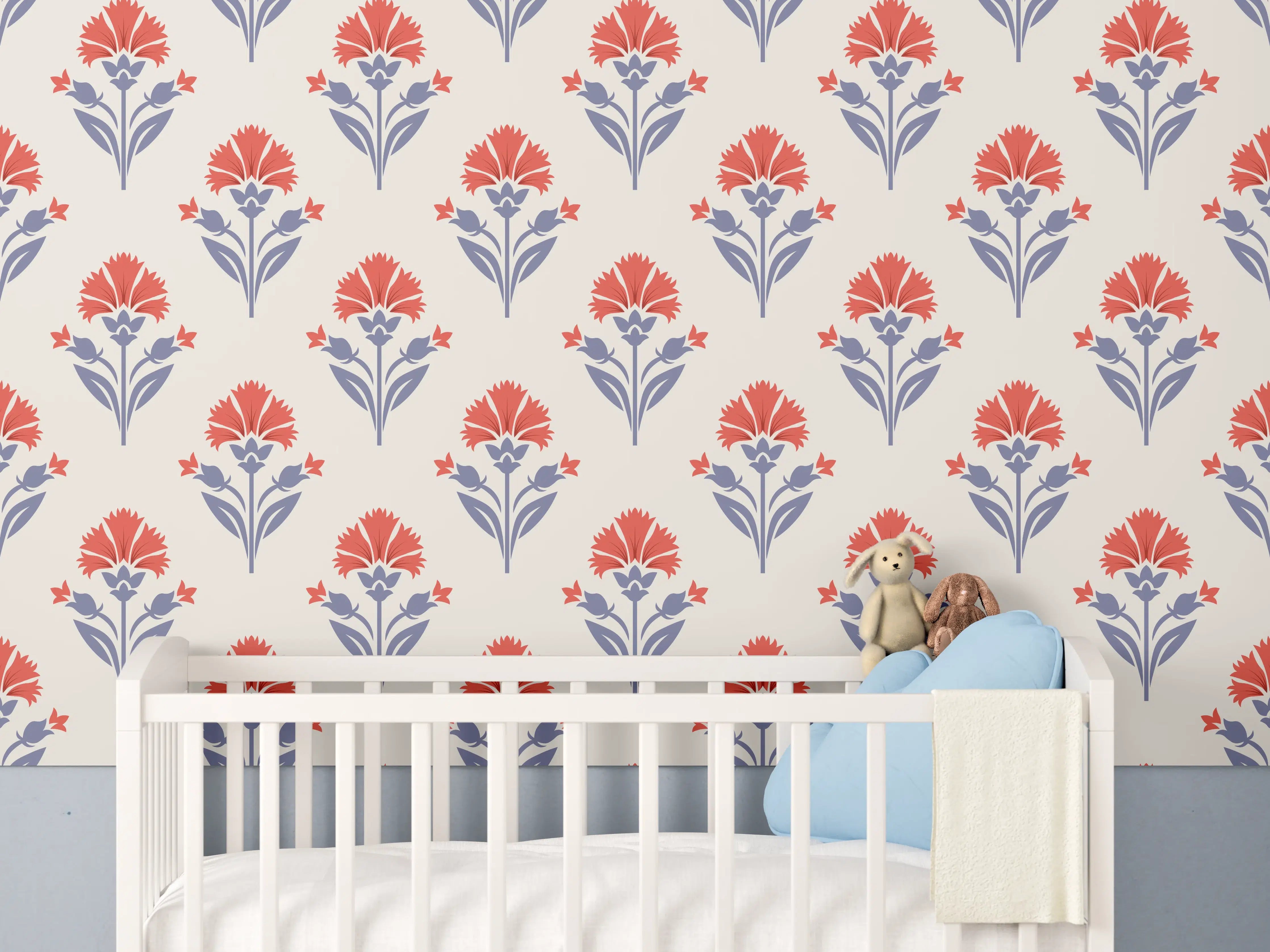 Babyzimmer Wandgestaltung - Vintage Blumen Tapete Beige-Rot