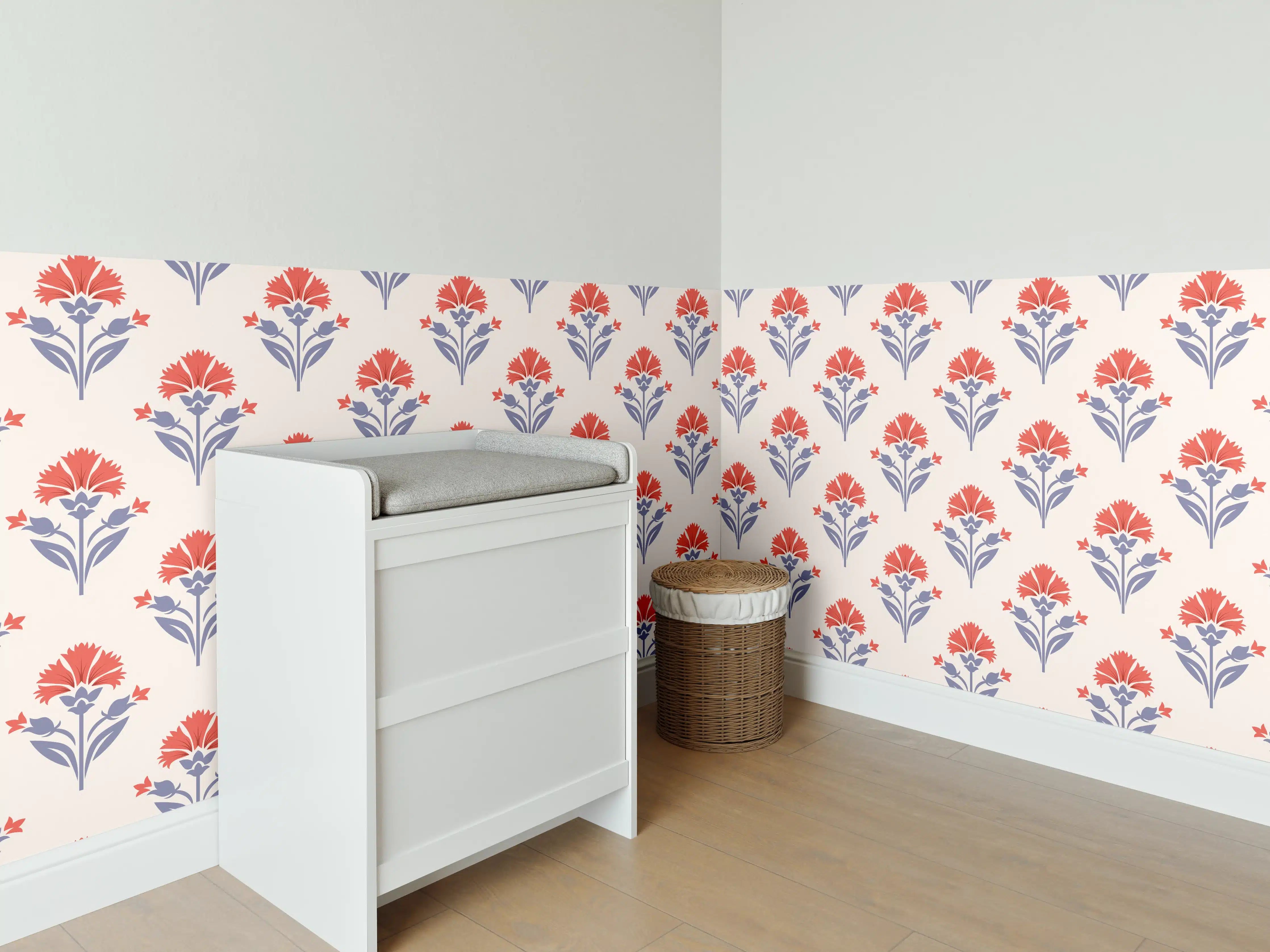 Babyzimmer Wandgestaltung - Vintage Blumen Tapete Beige-Rot