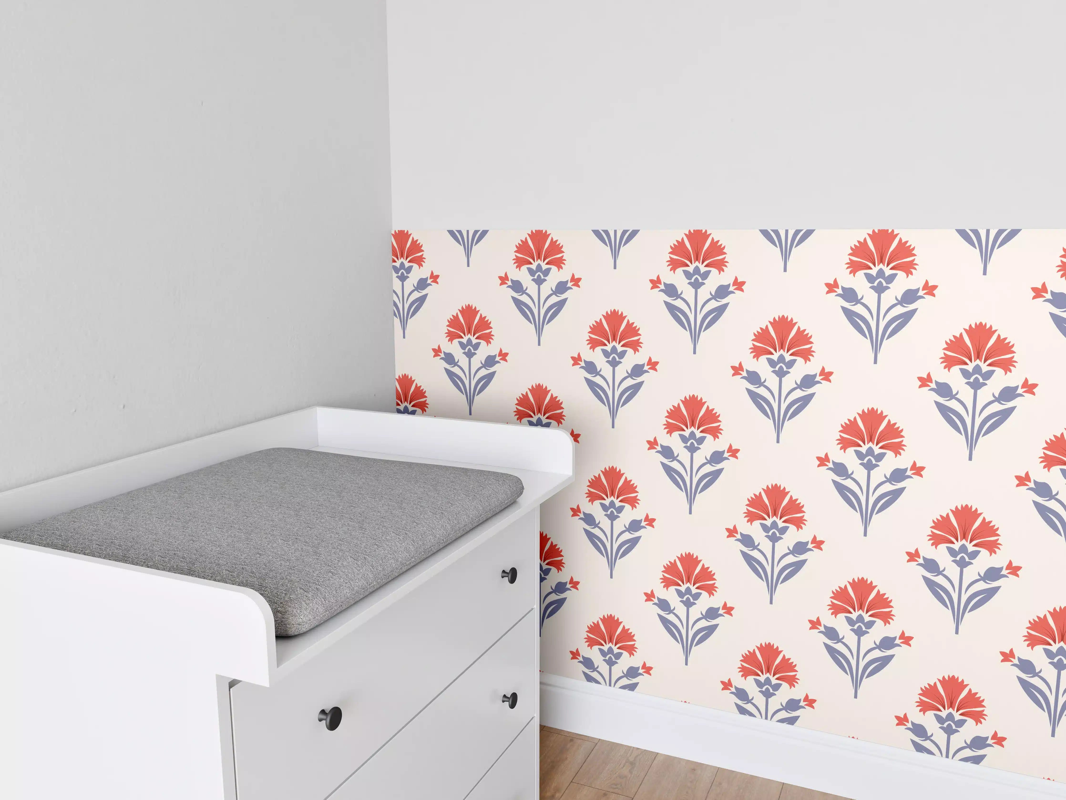 Babyzimmer Wandgestaltung - Vintage Blumen Tapete Beige-Rot
