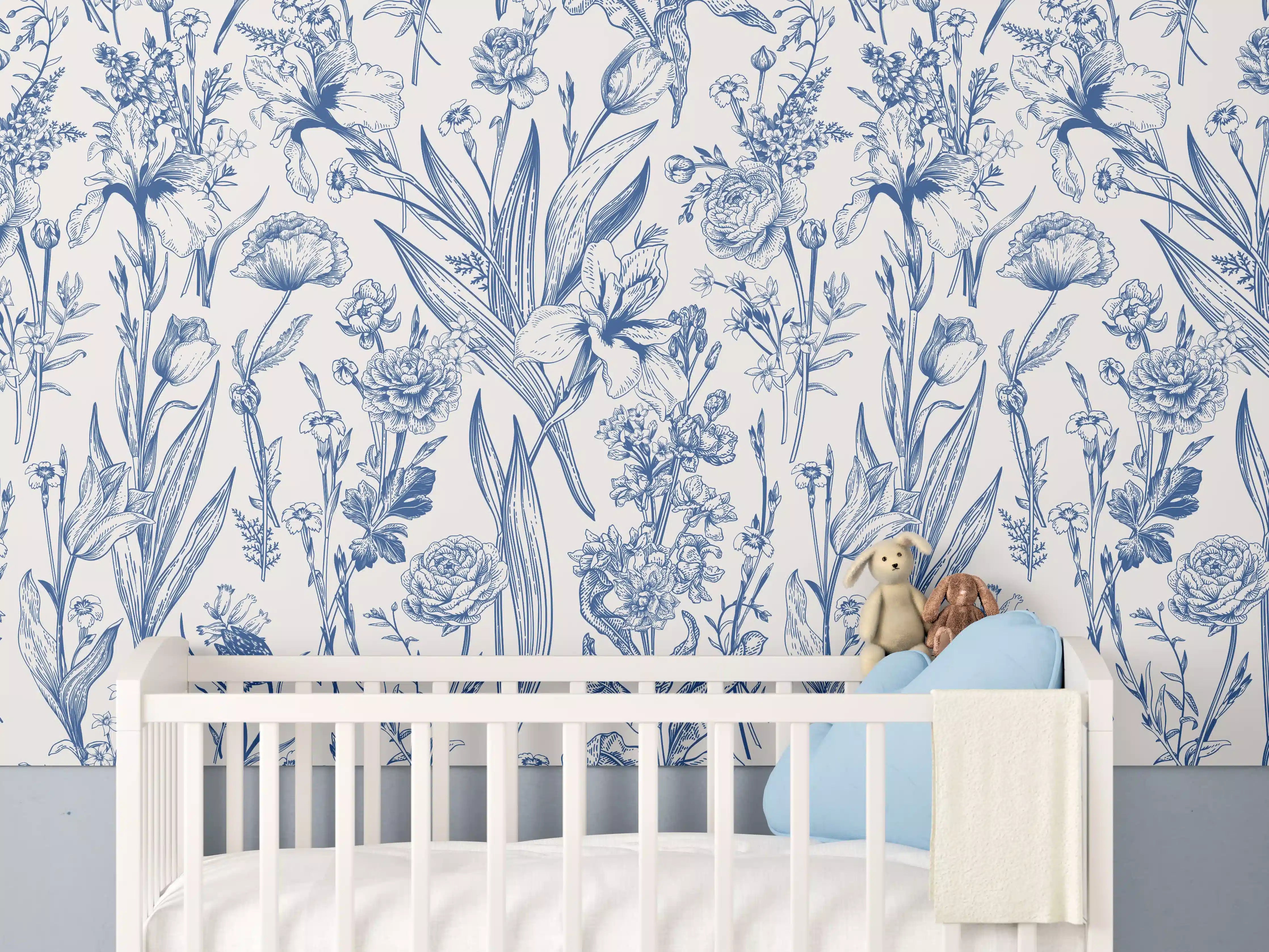 Babyzimmer Wandgestaltung - Vintage-Blumenmuster Azurblau