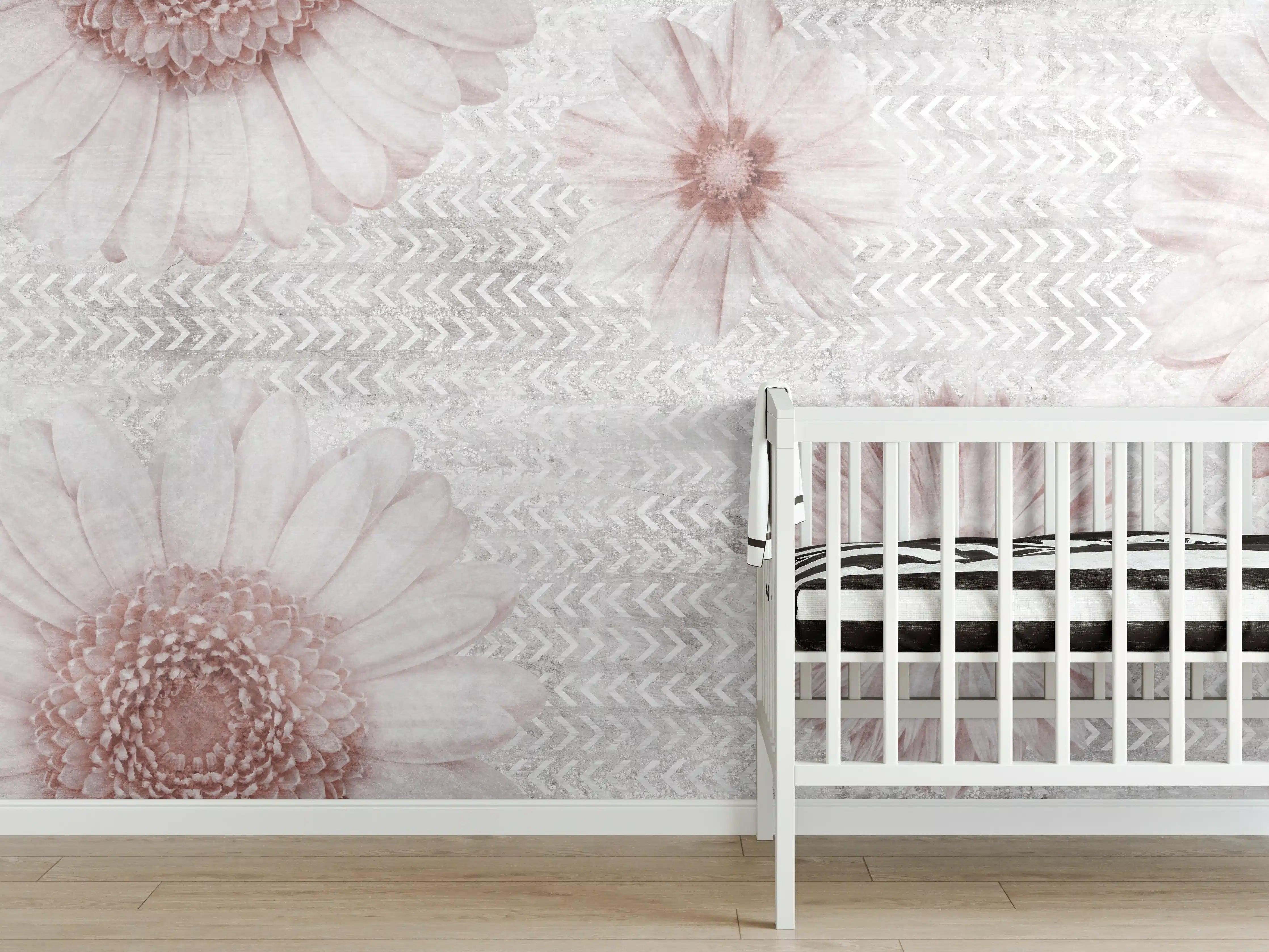 Babyzimmer Wandgestaltung - Vintage Blumenmuster auf Weiß