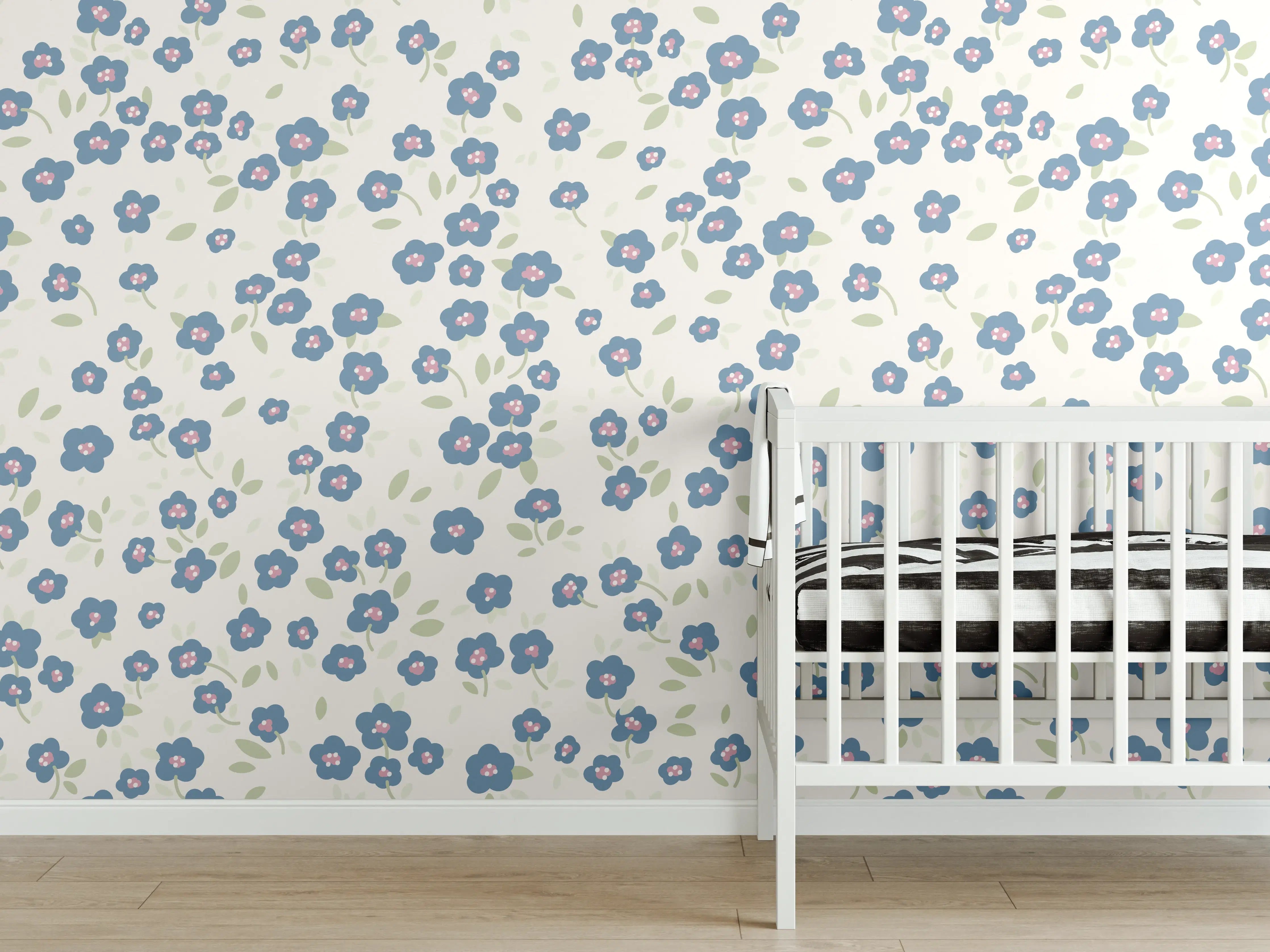 Babyzimmer Wandgestaltung - Vintage Ditsy Blumen Blau-Beige