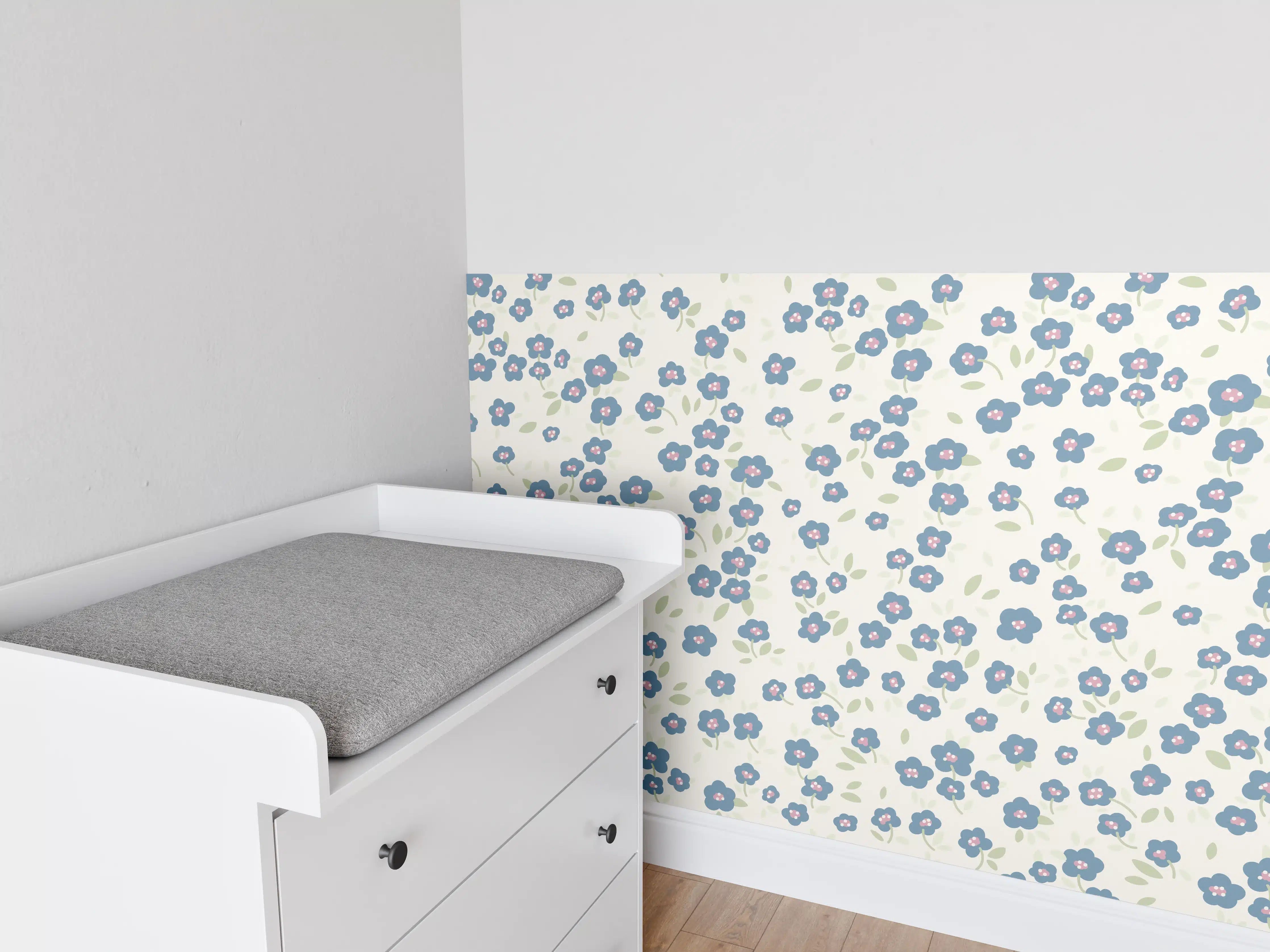 Babyzimmer Wandgestaltung - Vintage Ditsy Blumen Blau-Beige