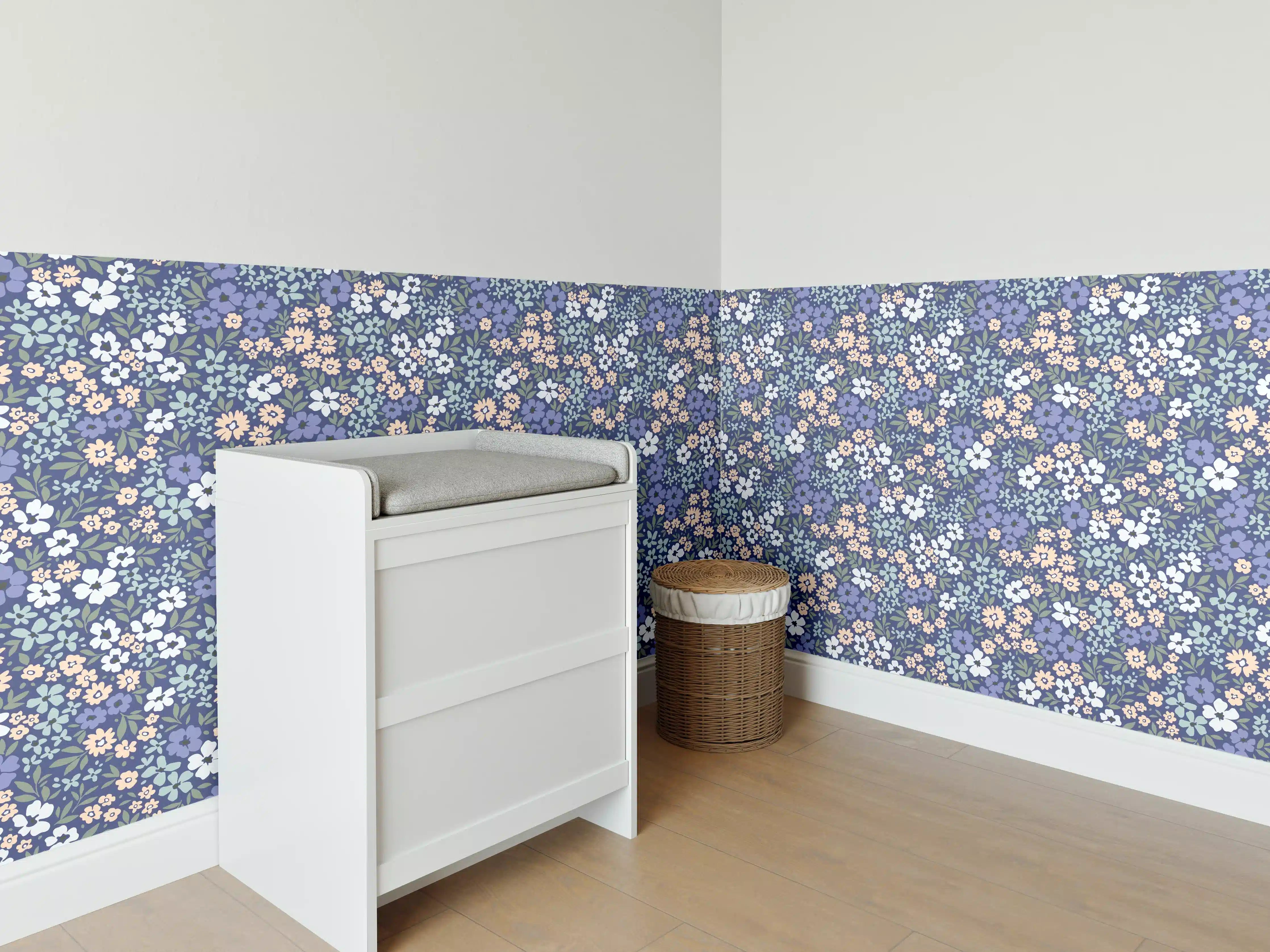 Babyzimmer Wandgestaltung - Vintage Ditsy Blumenmuster Blau