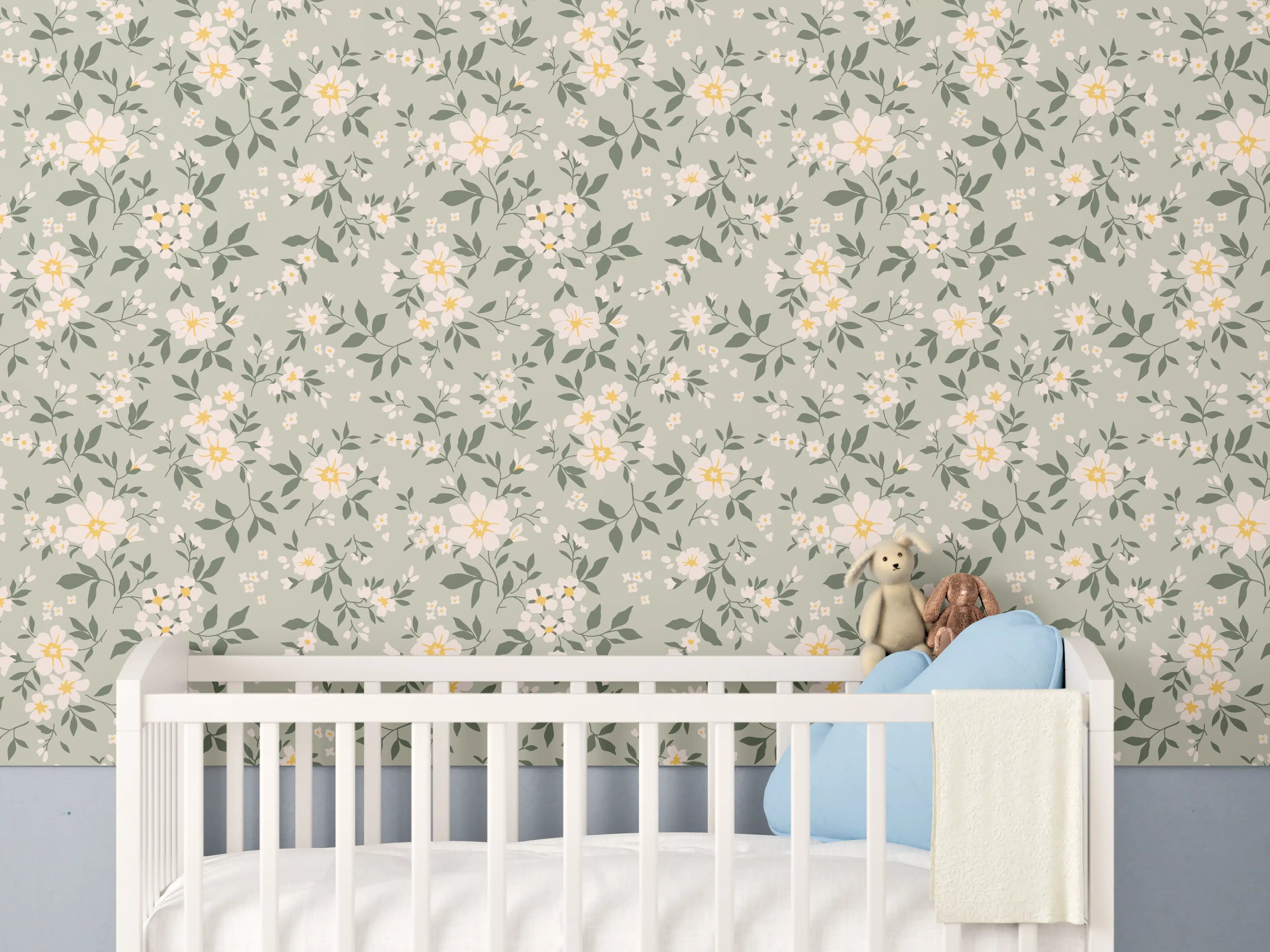 Babyzimmer Wandgestaltung - Vintage Ditsy Blumenmuster Grün-Beige