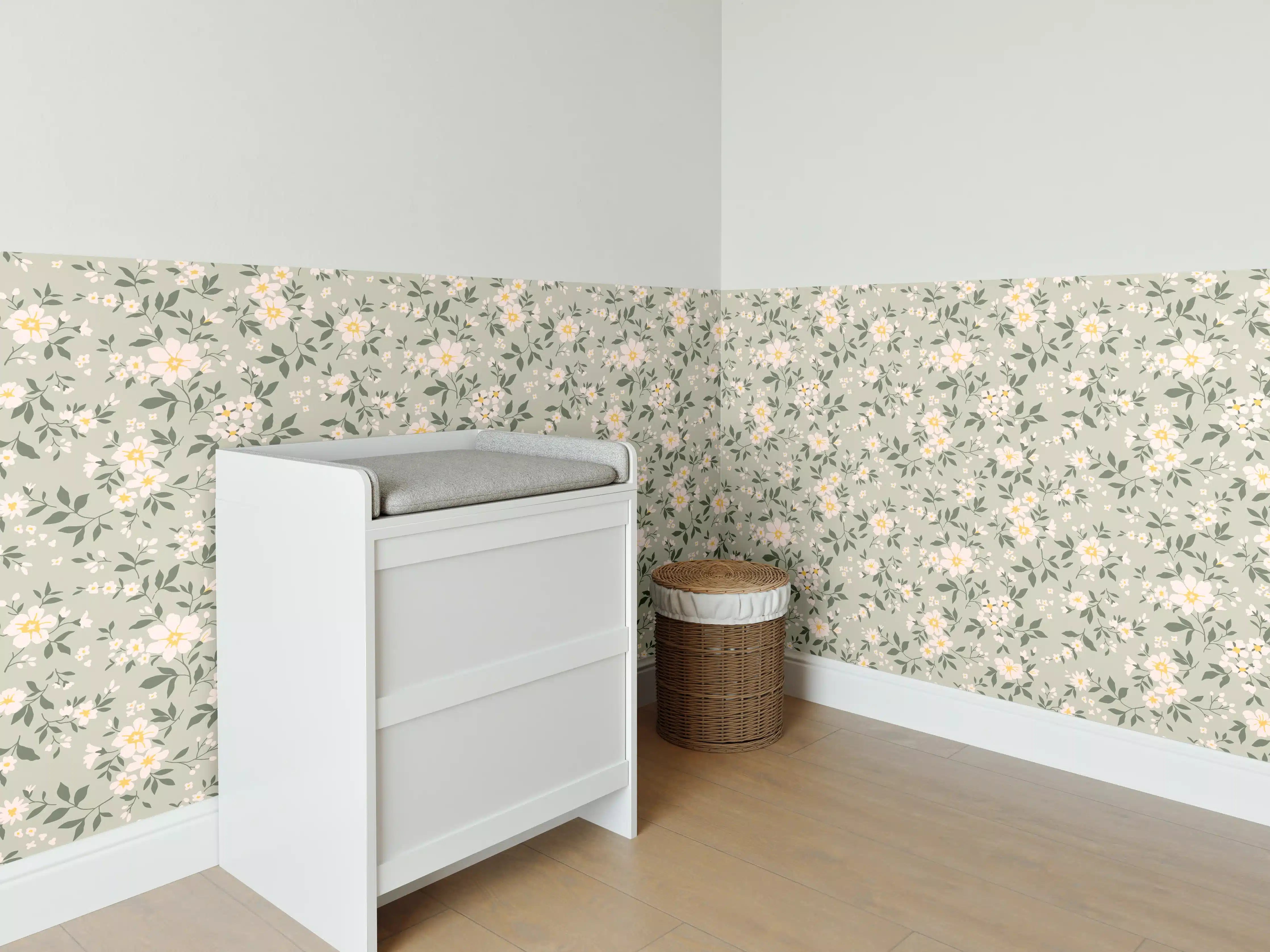Babyzimmer Wandgestaltung - Vintage Ditsy Blumenmuster Grün-Beige