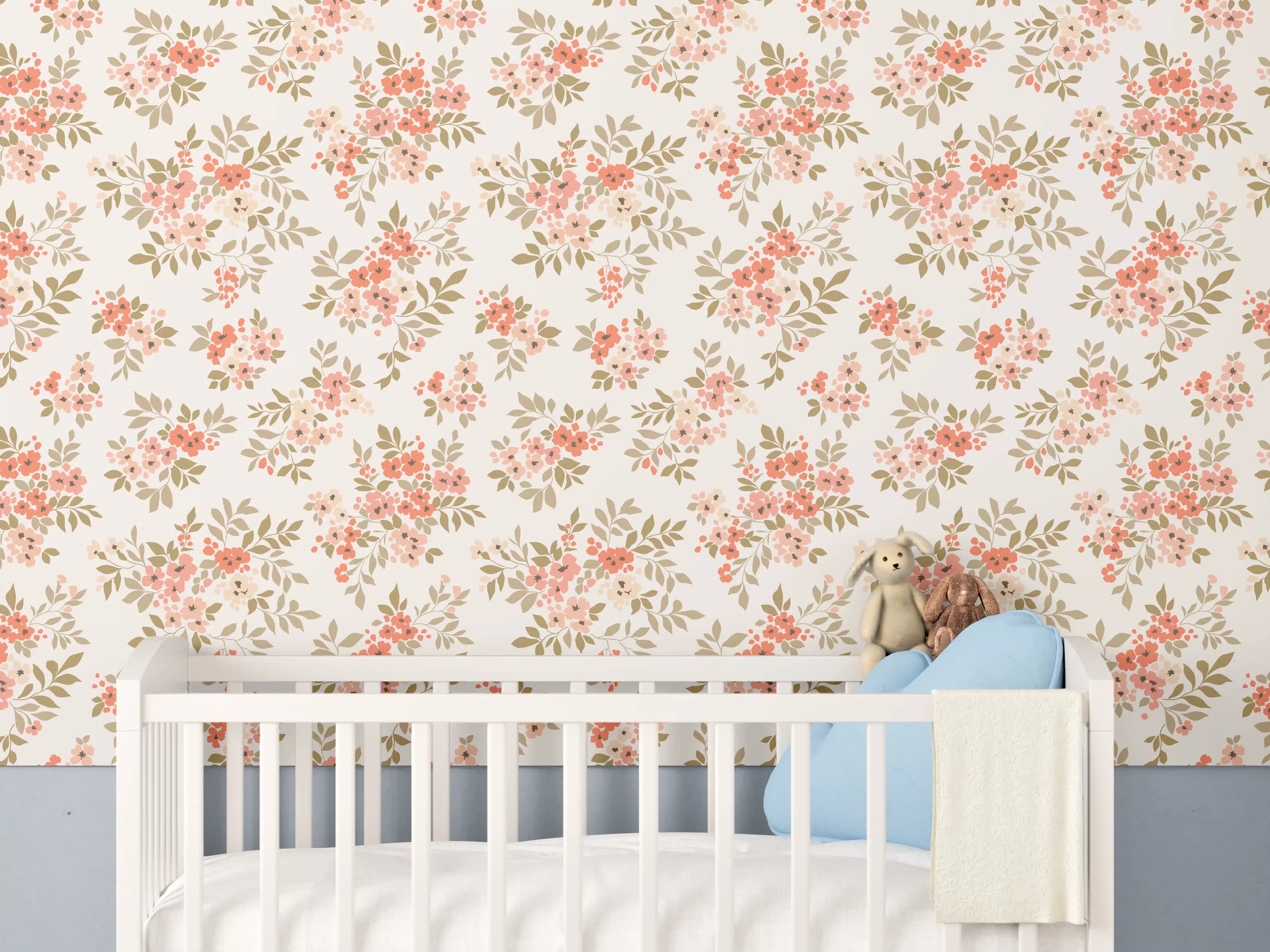 Babyzimmer Wandgestaltung - Vintage Ditsy Blumenmuster Rosa Beige