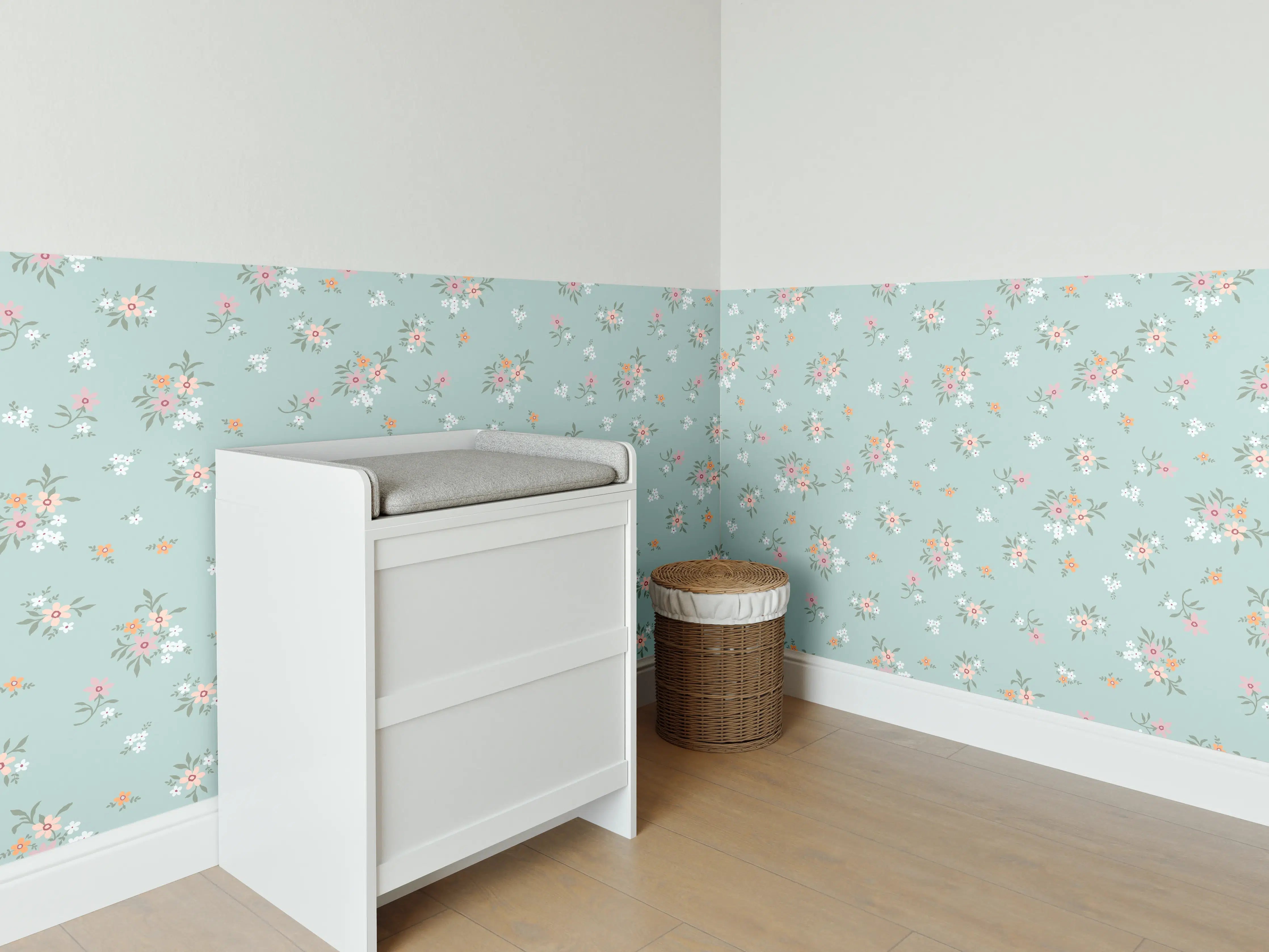 Babyzimmer Wandgestaltung - Vintage Ditsy Blumenmuster Türkis