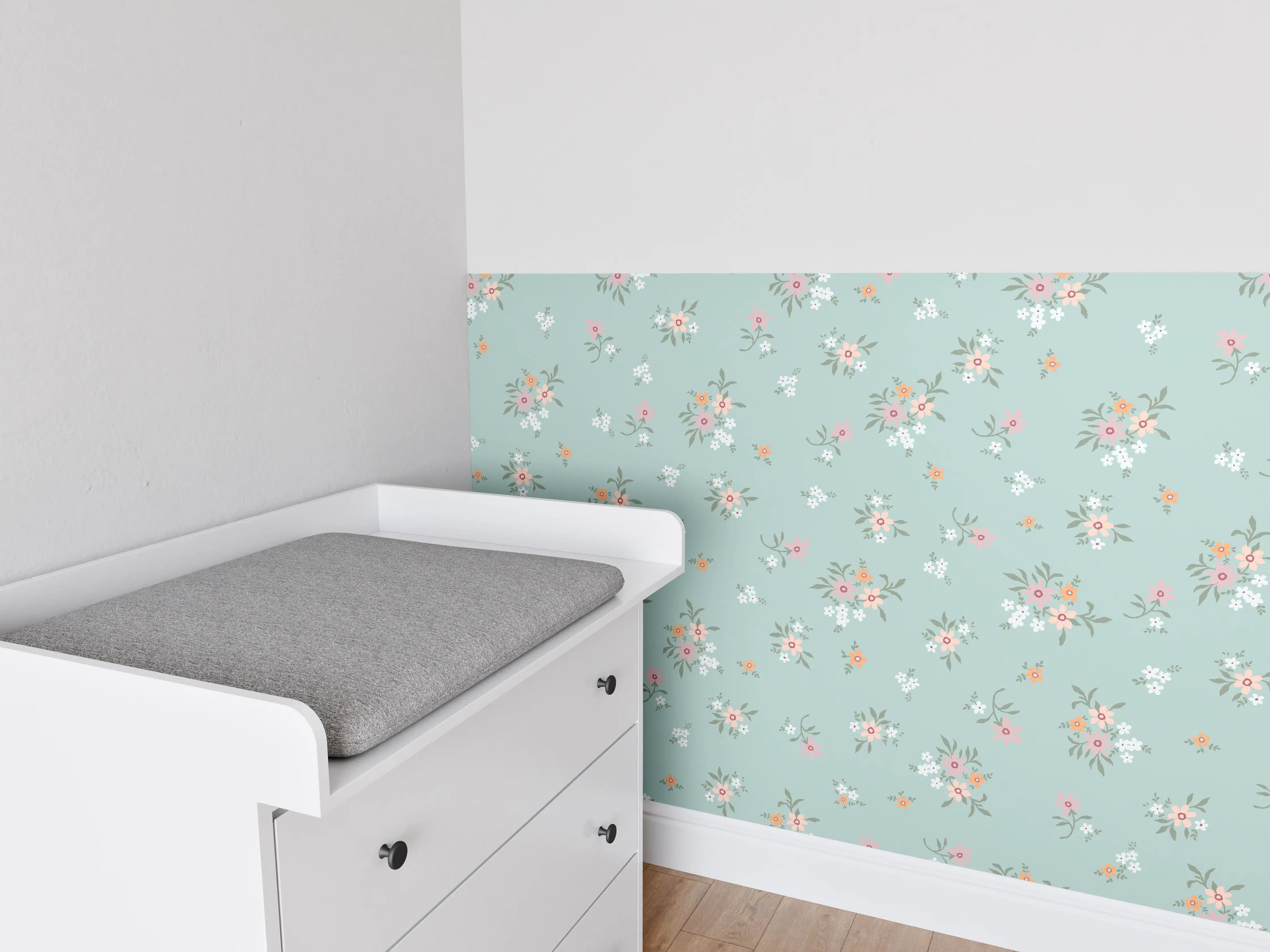 Babyzimmer Wandgestaltung - Vintage Ditsy Blumenmuster Türkis